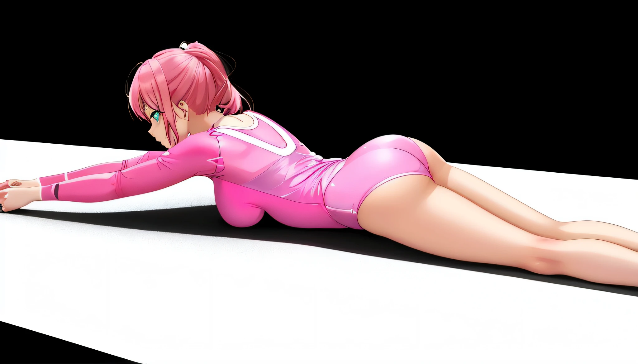 A woman in a pink leotard lies on a white surface, Lying Dynamic Pose, asuka suit under clothes!, Pink body, 3d anime girl, rendered in sfm, photorealistic anime girl render, pink twintail hair and cyan eyes, bubblegum body, render of a cute 3d anime girl, Smooth Anime CG Art, anime pose