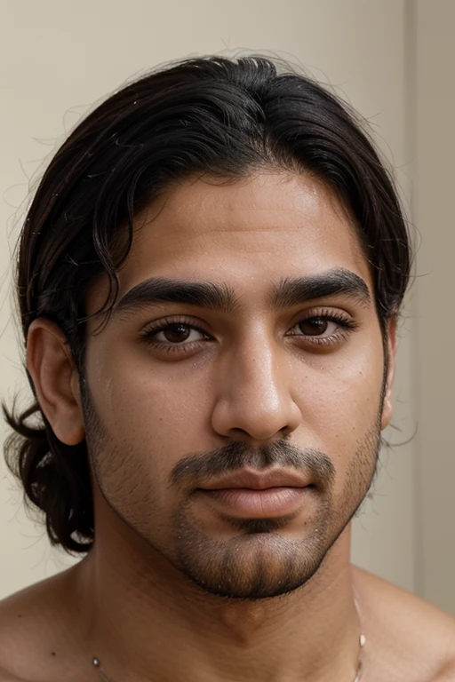 ((best quality, realistic, masterpiece, ethnicity)) arab man, dreamy brown eyes, dark thick long eyelashes, thick straight eyebrows, perfect shaped nose, pouty pink lips, tanned clear skin, low hairline, short curly black hair and facial beard.