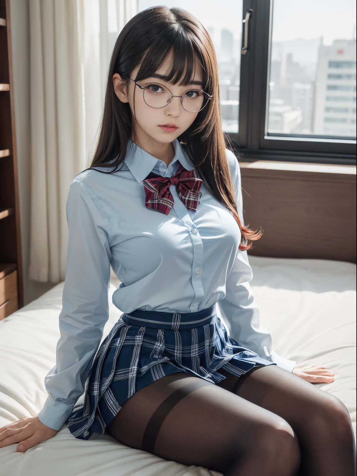 (Twin-tailed hair)、(Underwear is visible)、((Narrow-eyed))、((Narrow-eyed))、((Narrow-eyed))、(8K、Raw photography、top-quality、masterpiece:1.2),、Has a small、(flat breast)、(flat breast)、(flat breast)、(flat breast)、(flat breast)、(being thin)、light skinned、skin whitening、Dark look、Rasping,glamor,Chromo-white skin,cocky,School,watching at viewers,Looking at the front,Muchimuchi,High-pitched clothing,Erotic,Pupils,de pele branca,kne,((Black pantyhose)),absurderes,a small face,,Forehead visible,Bangs hanging from the left and right sides of the forehead,(a cold expression,Tight eyes,glares,Bullish,irate)、masterpiece,top-quality、超A high resolution,Raw photo,ren,Beautiful fece,One Person, 独奏,eye glass,,Dark look,Small breasts,fullllbody,Round glasses,JK school uniform,hi-school girl,A Japanese Lady,is standing,(Photorealsitic:1.37)、Photon mapping,Realistic、Beautie,Cute little face,Brown-eyed、Black socks、(Red bow tie)、Radio City、Physically Based Rendering、depth of fields、Blurry background、a picture,Body,beauty legs, Long legs, Thin leg,(Bangs are visible), hair, s lips, Blue_The eye, nosesoft,(Light blue shirt), (Navy and blue and white plaid pleated skirt), Knees are visible,Sheer clothing,, Thigh, Black cotton socks,Nogizaka Idol, 女優, Japanese ido