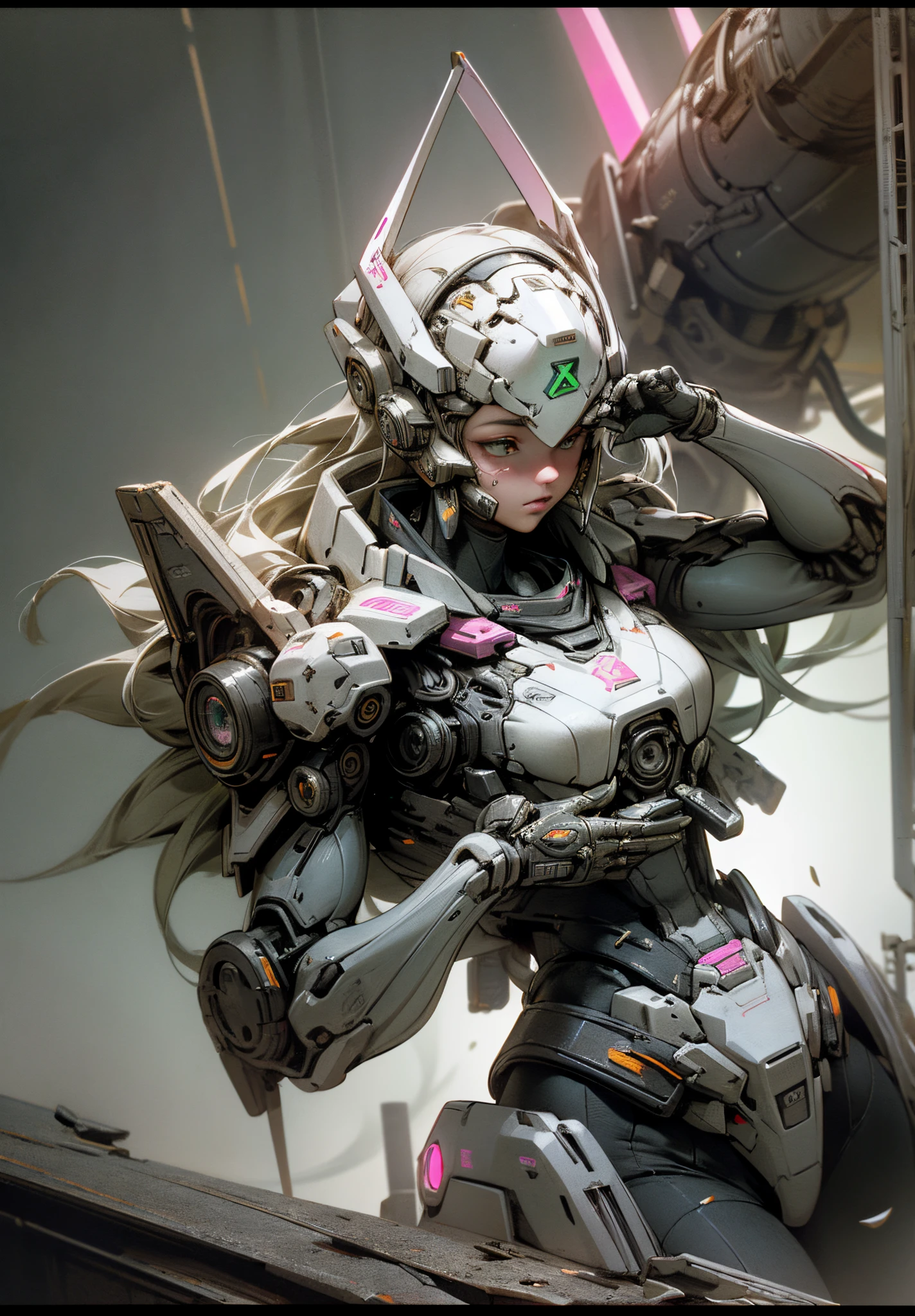 ((Best Quality)), ((Masterpiece)), (Very Detailed:1.3), 3D, Shitu-mecha, Beautiful cyberpunk woman with her pink mech in the ruins of a city in the forgotten war, Ancient technology, HDR (High Dynamic Range), ray tracing, NVIDIA RTX, super resolution, unreal 5, subsurface scattering, PBR texture, post-processing, anisotropic filtering, depth of field, maximum sharpness and sharpness, multi-layer texture, albedo and highlight maps, surface shading, Accurate simulation of light-material interactions, perfect proportions, octane rendering, duotone lighting, low ISO, white balance, rule of thirds, wide aperture, 8K RAW, high efficiency sub-pixels, subpixel convolution, luminous particles, light scattering, tyndall effect (whole body), (delicate facial features), (perfect face), dynamic angles.
