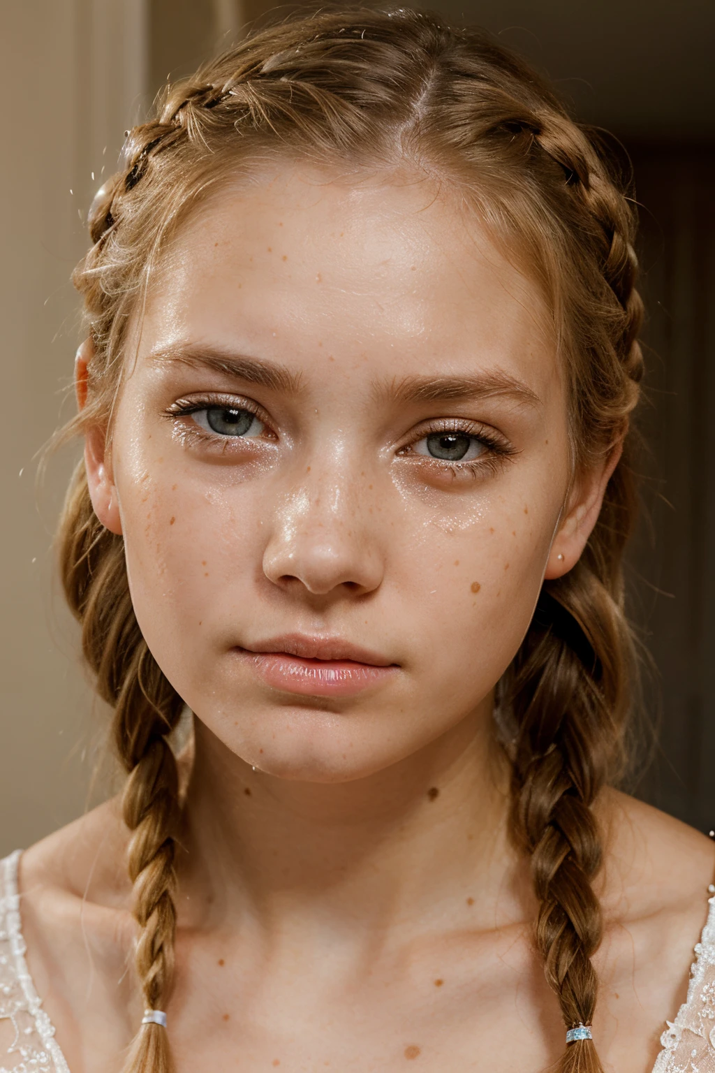 masterpiece, photorealistic, close up face portrait, sad face, crying face, 1 lady, alluring woman, blonde, sofisticated, jewelery, heavy makeup, crying, tears falling on her cheeks, sad, young beautiful, cute freckles, realistic skin textures, skin imperfections, twin braids, young girl, freckled,blonde, freckled pale skin, anna nikonova aka newmilky, lacey