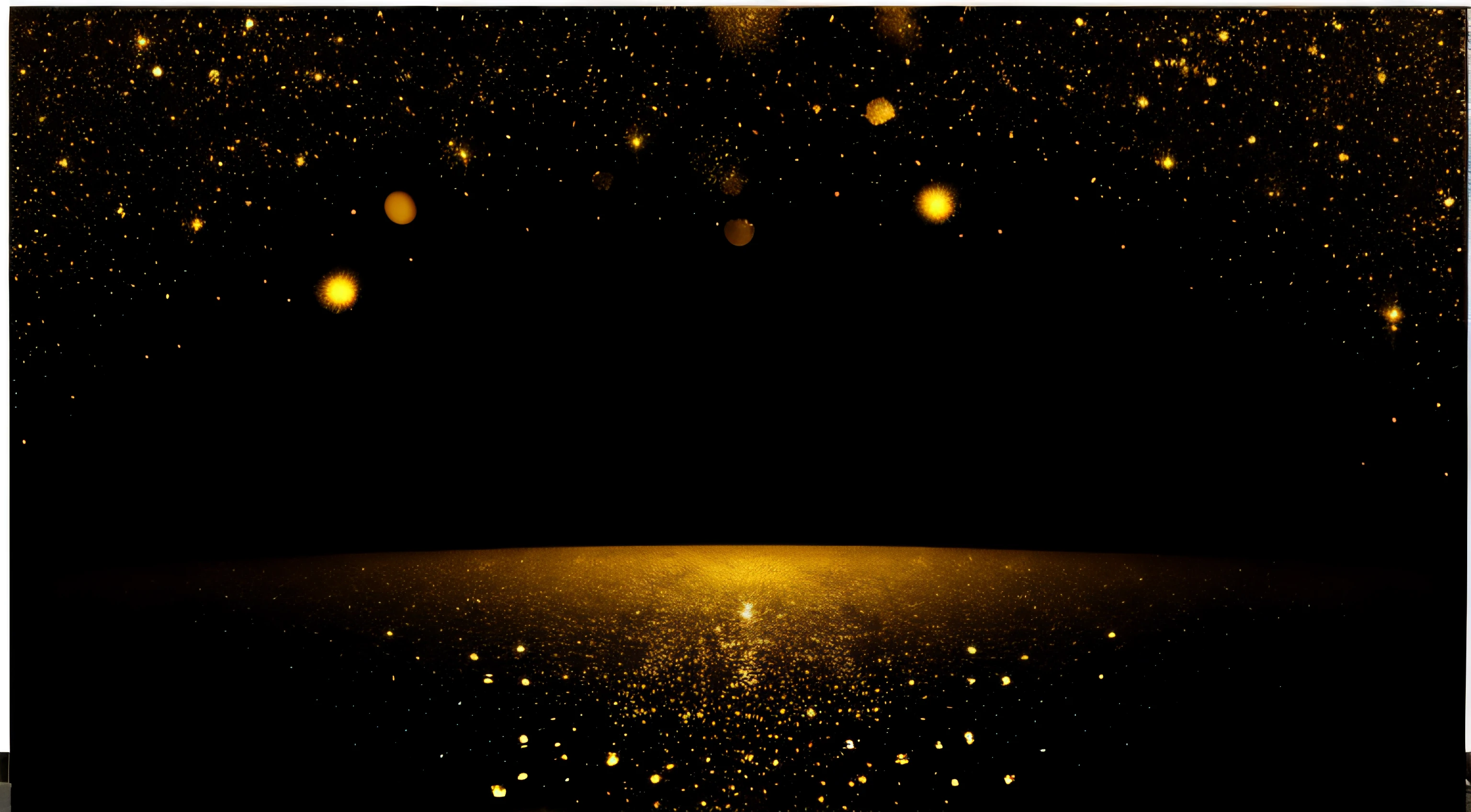 Alafid image on black background with yellow light, dark golden light night, Golden rain on the background, glittering dust in the air, Glitter background, dance hall background, gold dust, gold background, The background is made of stars, Sparkling stars are scattered everywhere, completely dark background, Stars sparkle in the background, particle illumination, empty space background