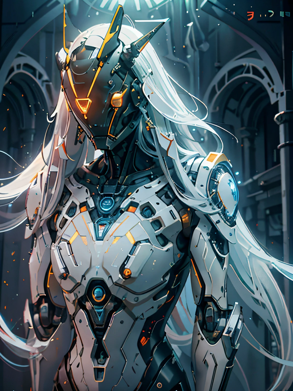 1 robot, organic, orange triangle glowing eyes, cyberhelmet, long hair, white plastic, diffuse lighting, fantasy, intricate, elegant, highly detailed, lifelike, photorealistic,  smooth, sharp focus, art by John Collier and Albert Aublet and Krenz Cushart and Artem Demura, wires, tubes, dark room, dim light