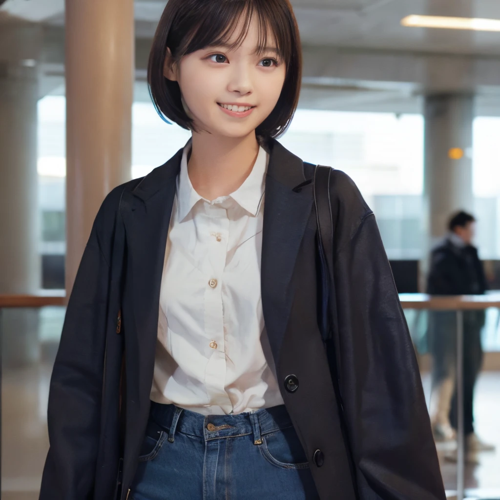 Top image quality、top-quality、masterpiece、超A high resolution、8K、Unripe、photographrealistic:1.4、profetional lighting、cute school girl、a baby face、Bery short hair、A slender、moderately sized breasts、B Cup Bust、ssmile、Wearing a black coat、I wear denim pants、hang a shoulder bag diagonally、I'm at the mall