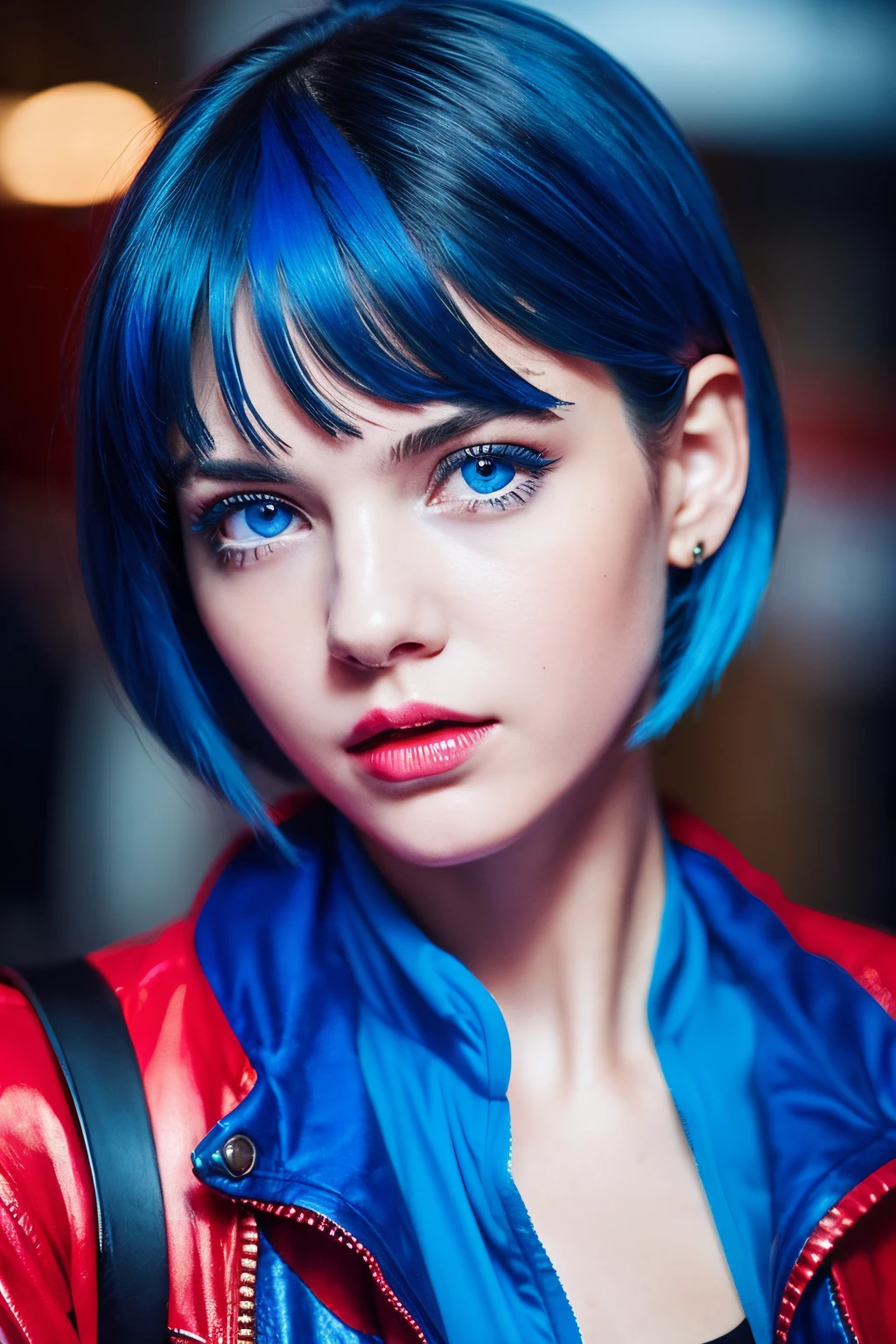 Real Women、Face Barbara Palvin、Blue hair、Blue eyes、Shorthair、Red jacket、World of Cyberpunk、