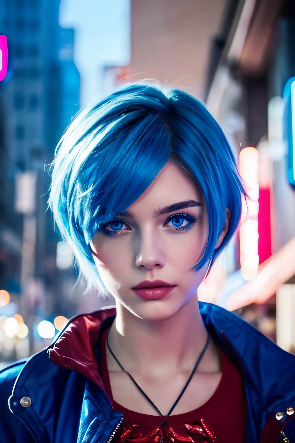 Real Women、Face Barbara Palvin、Blue hair、Blue eyes、Shorthair、Red jacket、World of Cyberpunk、
