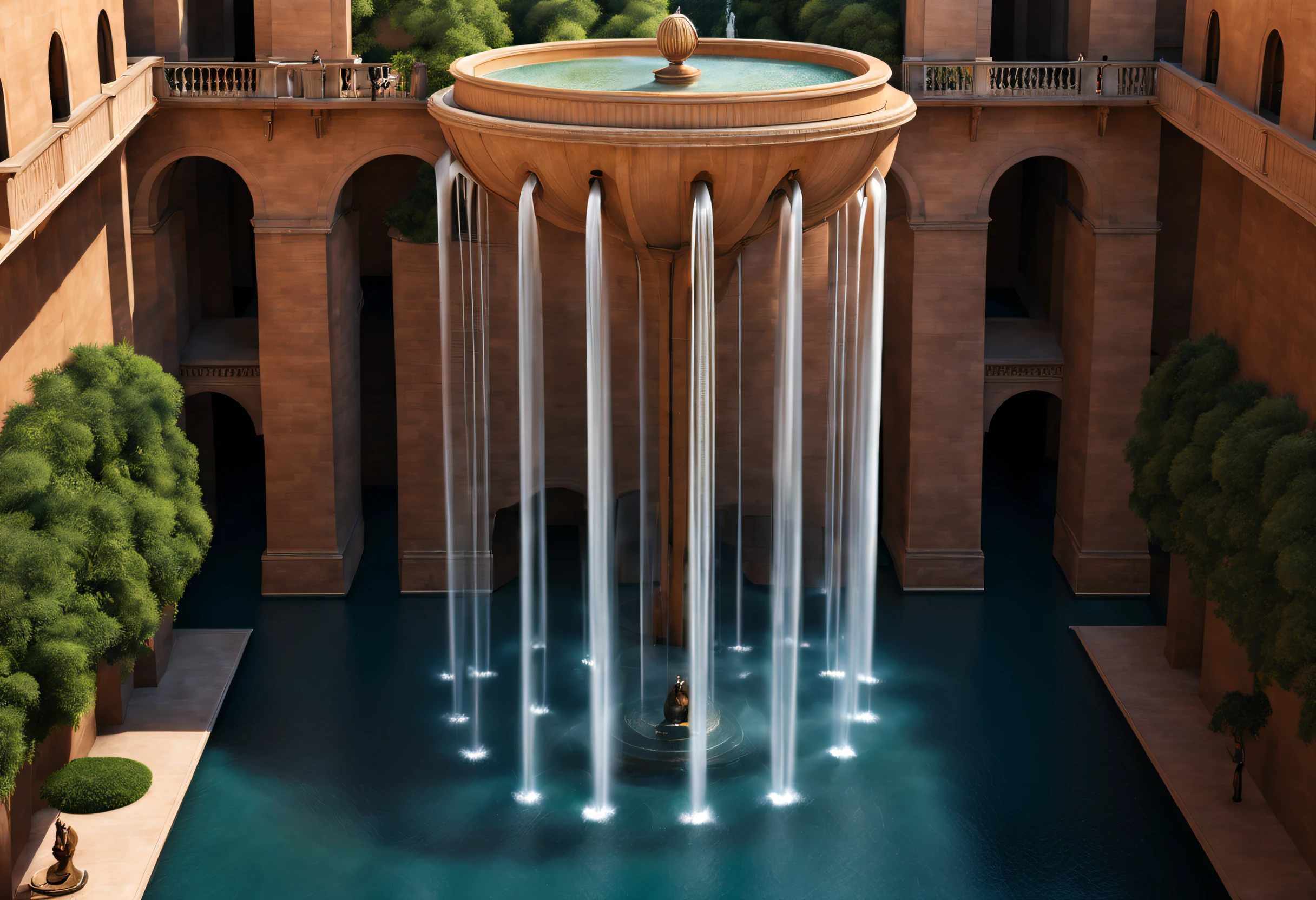 sci-fy, (giant hanging fountain), Lots of water, Complicated details,
Background with: Minimalist architecture with a sense of technology,The is very detailed, Best quality at best, tmasterpiece, A high resolution, Hyper-realistic, top views, low angle view, Ray traching,globalillumination,author:Ricardo Bofill,