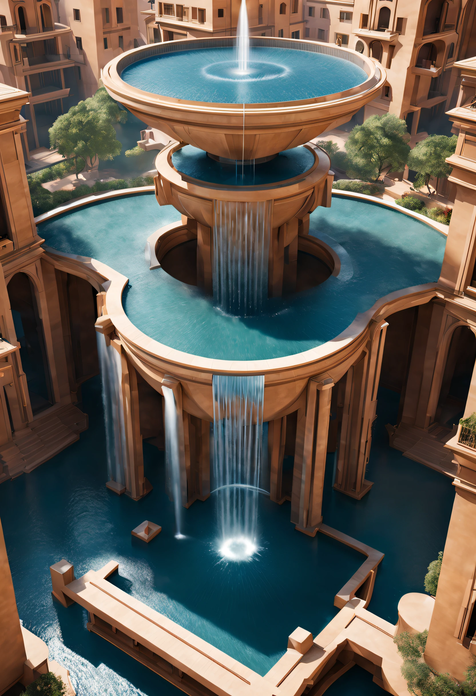 Sci-fi, (suspended giant fountain), lots of water, intricate details,
Background: Minimalist architecture with a sense of technology,extremely detailed, best quality, masterpiece, high resolution, Hyperrealistic, top-view, low angle view, ray traced,global illumination,by Ricardo Bofill,