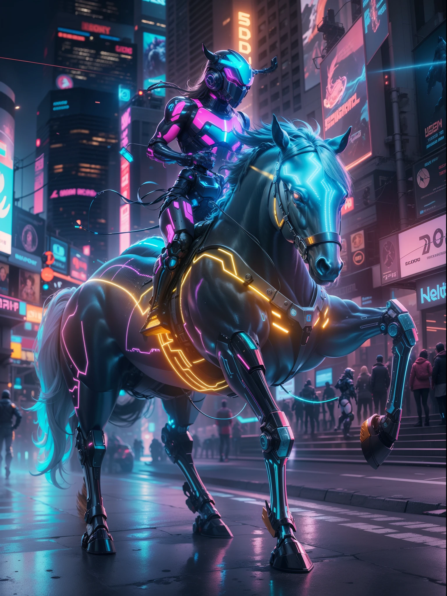 A cybernetic horse rider,mechanical beast,holographic suit,striding forward in a neon-lit cityscape,strong physique,sparks and wires veining through the artificial muscles,electric blue energy emanating from the eyes,city skyline reflected off the glossy surface of the metallic skin,dynamic pose,robotic limbs in perfect synchronization with the horse's movements,A futuristic helmet with a heads-up display,see-through visor displaying vital stats and navigational data,The horse has a streamlined robotic body with carbon fiber limbs,holographic mane and tail,four glowing hooves pounding the digital asphalt,light trails and motion blur capturing the speed of their progress,The visuals are ultra-realistic with high-resolution textures and intricate details,The scene is lit with vibrant neon lights casting reflections and glows upon the characters and the surroundings.