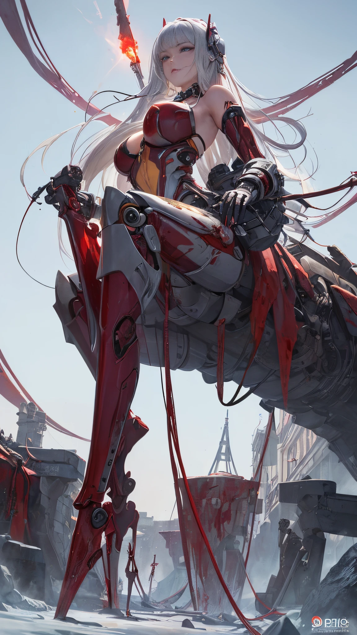 (Masterpiece, Top Quality, Best Quality, Official Art, Beautiful and Indulgent: 1.2), (1 Girl: 1.3), Very Detailed, Colorful, Supreme Details ((Super Detailed)), (Highly Detailed CG Illustration), (Very Delicate and Beautiful)), (Huge Robot Background), (Floating in front of the Machine), (From the Back), (Floating in the Air), (Full Body), Cinematic Light, (1 Robot Girl)), (Angel), (Halo), (Solo), (Open Legs), (Handheld Weapon), (Combat), (Mechanical Joint: 1.2), ((Mechanical Limb)), (Blood Vessel Attached to Tube), (Mechanical Vertebrae Attached to Back), ((Mechanical Cervical Vertebrae Attached to Neck)), Poker Face, (Wire and Cable Attached to Neck: 1.2), (Wire and Cable Attached to Neck: 1.2), (Character Focus), (Lower Body Integration with Organs), (Camel Hoof), (M Leg), (Lying Down), (BDSM) (Improved), (Big Breasts), (Tit Shake) , (shock), (gemstone), (equipment man), (laser), (sexy clothing), (sexy pose), science fiction, black background, (blood ,,,,,,,,,,,,: 1.5) , battle damage, shock, wounded , half, rubbing chest with hands, hand touch, shirtless, camel hooves ,metal boobs, sexy pose, sexy,, aesthetics, masterpiece, best quality, real ass,
