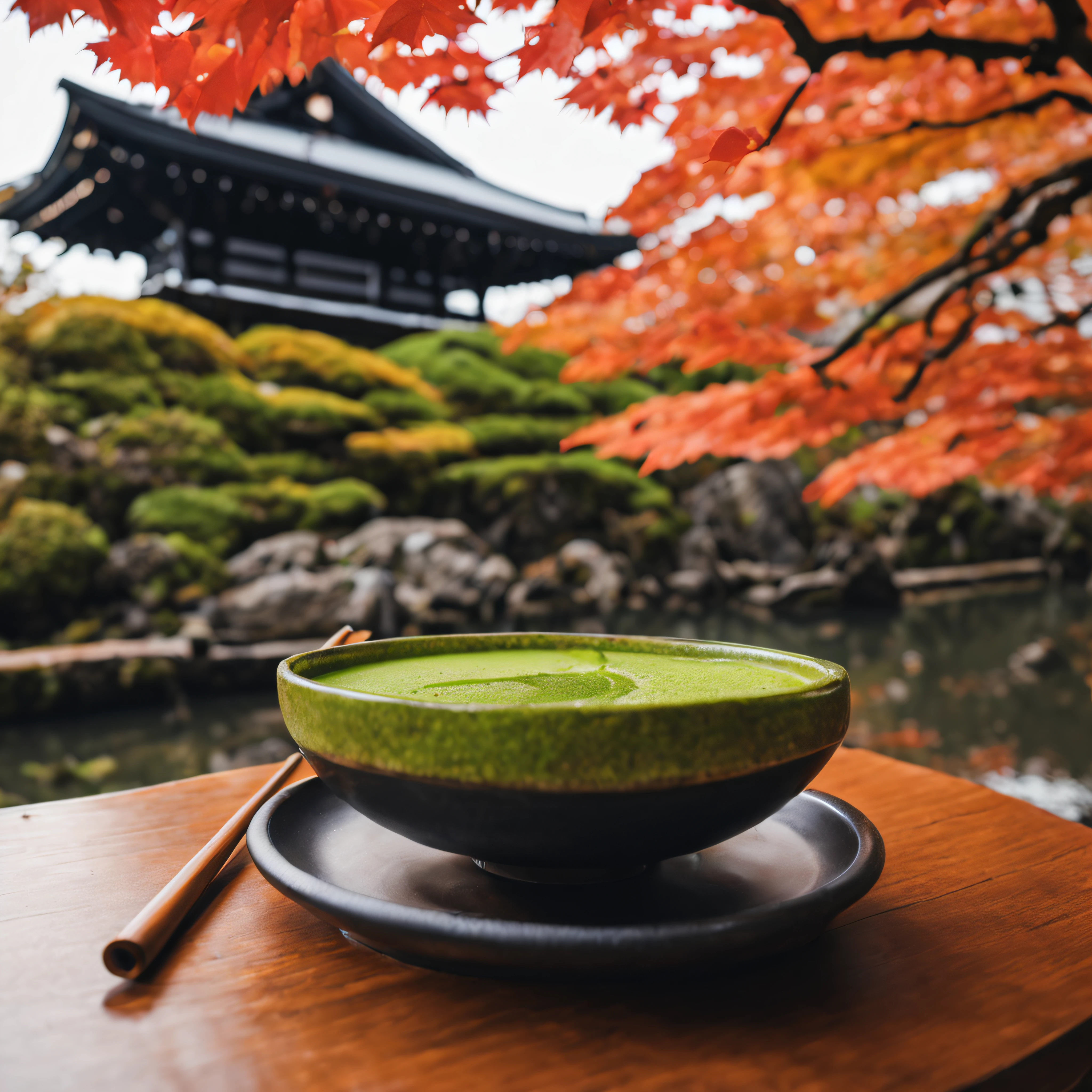 Autumn leaves in Japan、kyoto、Scenery that moves people's hearts、There are many tourists、Matcha set in front、Photographed by a professional photographer、portrait shooting、8K、High quality、Very realistic、Real world、
