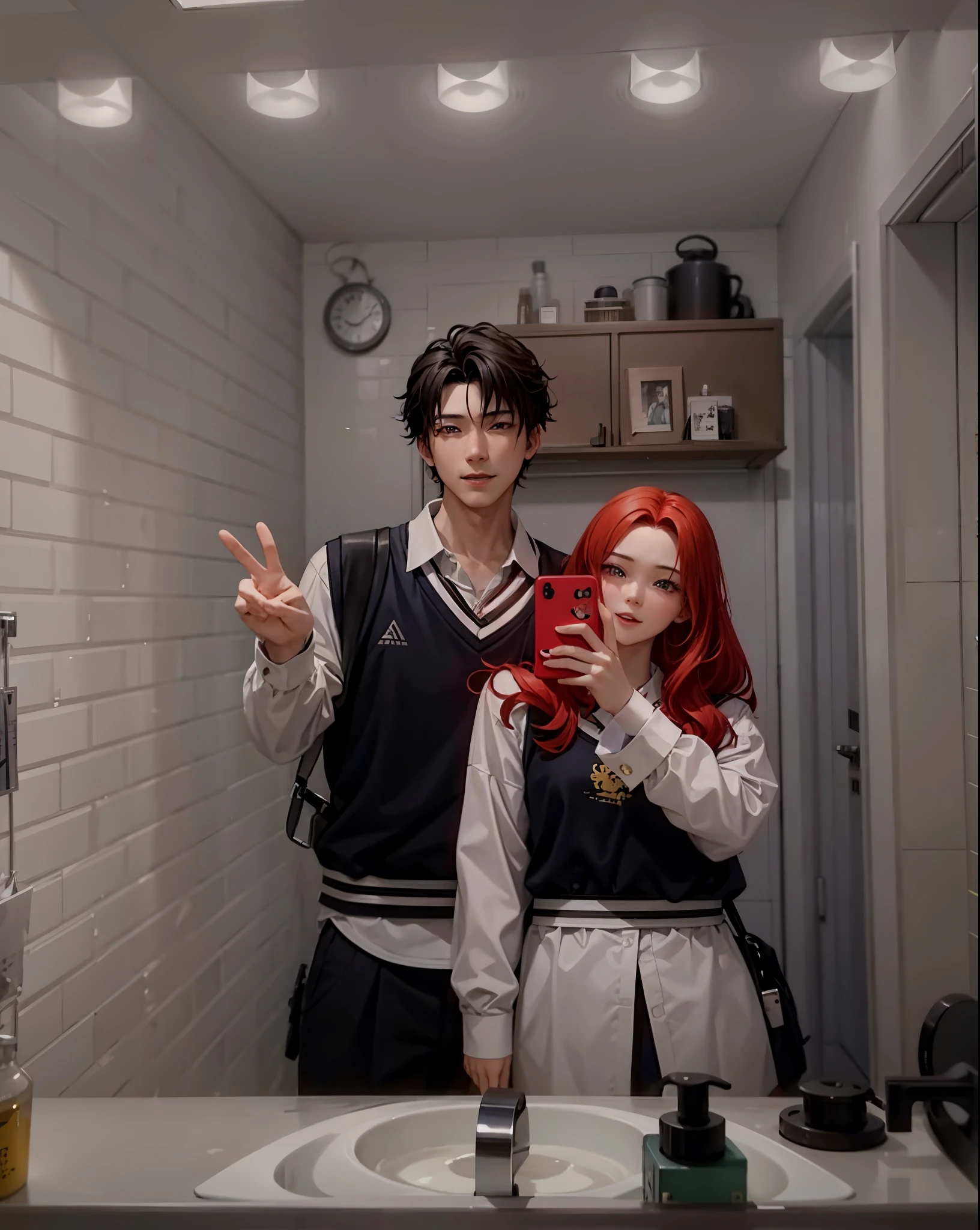 there is a man and red hair woman taking a selfie in a bathroom mirror, kda and sam yang, ruan jia and brom, cai xukun, ruan cute vtuber, lovely couple, & jeehyung lee & wlop, ruan jia and fenghua zhong, profile pic, jk uniform, they are siblings