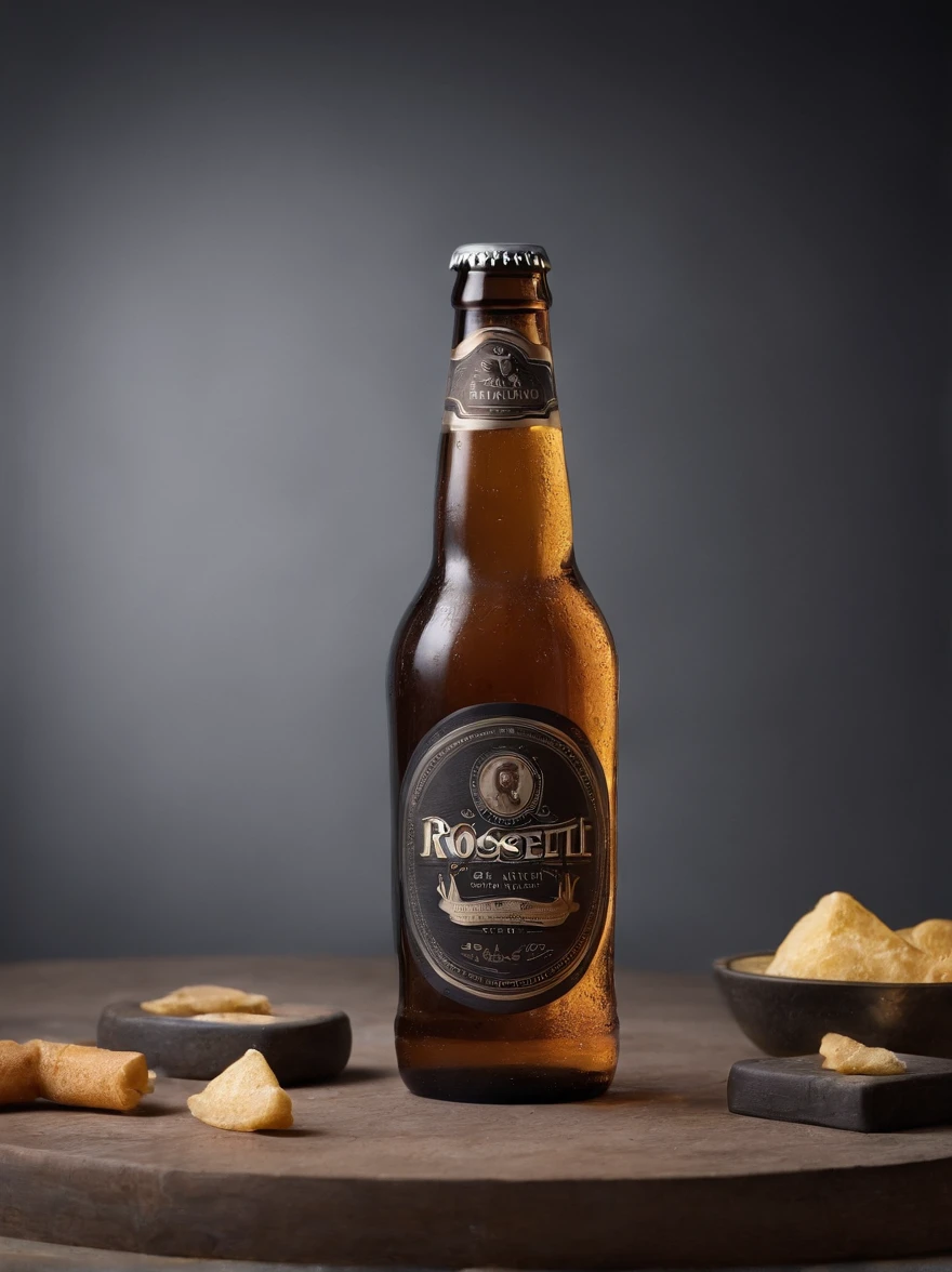 Create a marketing image for Roosevelt No. 6 beer, beer brand commercial photography, Hasselblad camera, Hasselblad H2, low key