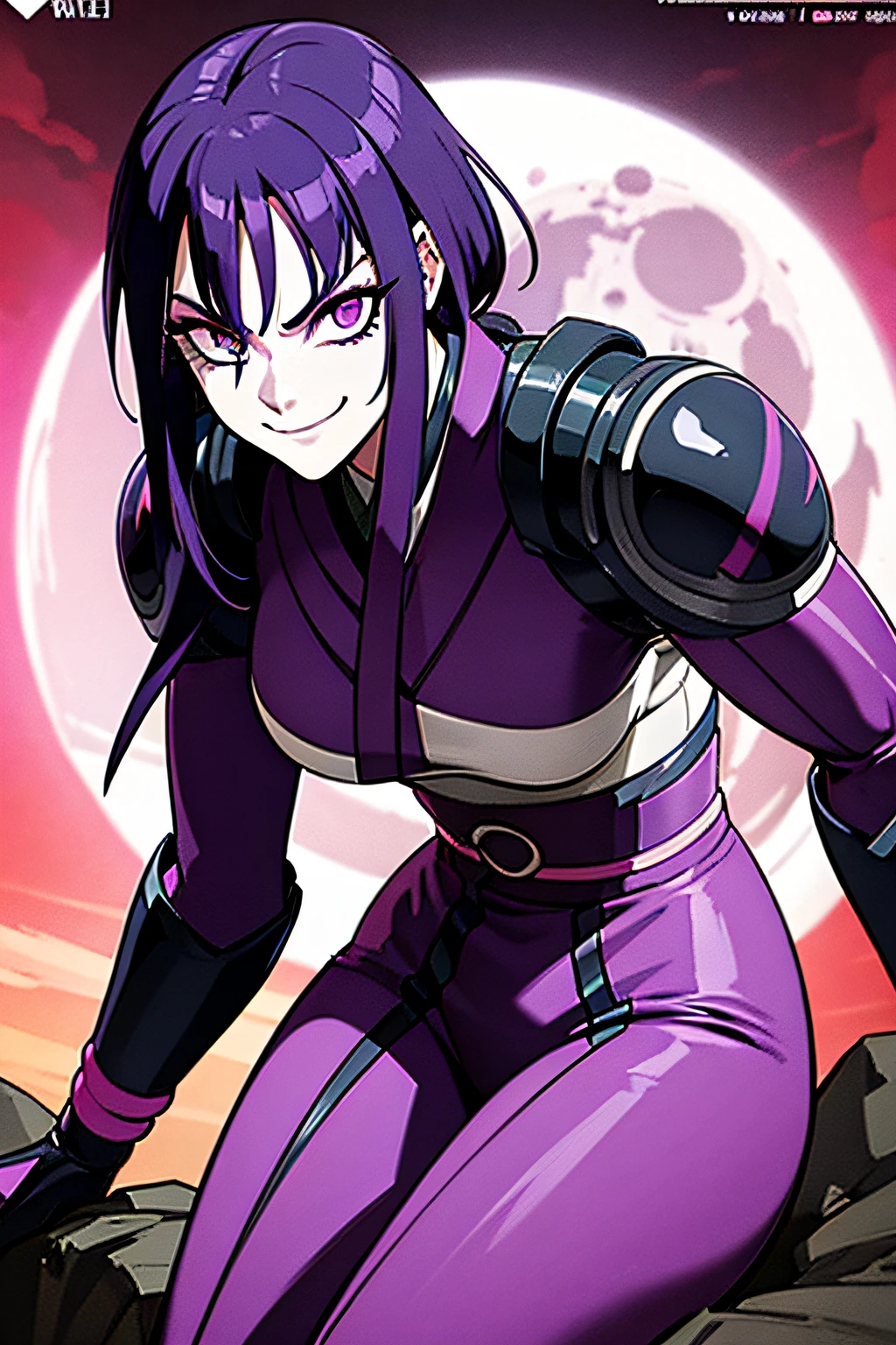 avatar, FEMALE, purple hair, badass, creepy, menacing, very scary, purple, insane, alpha, vaporwave, smiling, manga cover, japanese, no letters or logos, moon