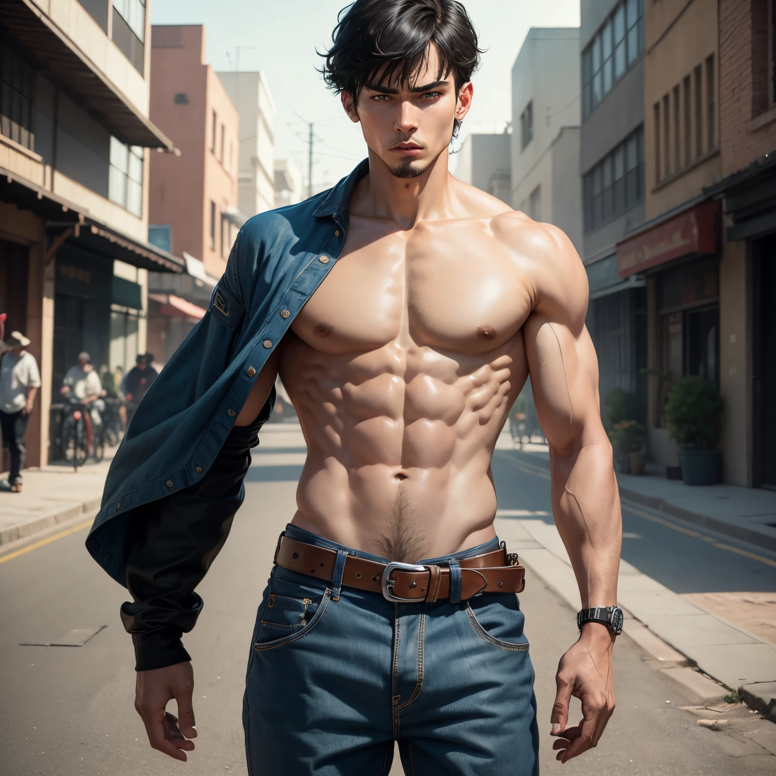 8k, masterpiece, best quality, realistic, higly detailed, cowboy shot, 1boy, solo, Fuutarou, young man, fair skin, black hair, bowl cut, two strands sticking up from the back of his head, bangs that cover his forehead, blue eyes, slim physique, tall build, tends to slouch, serious expression, scary and thuggish vibe, bad guy, Skatist