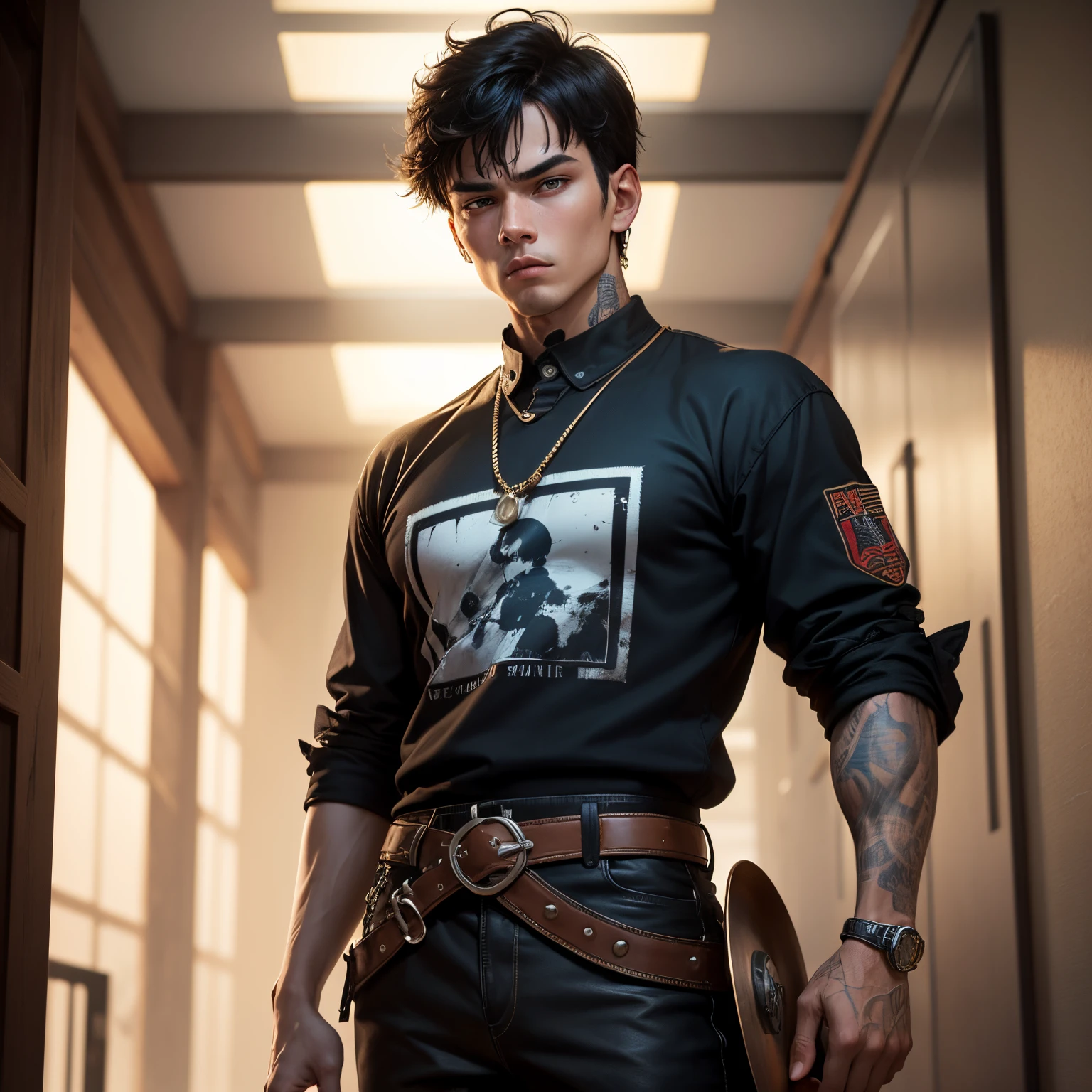 8k, masterpiece, best quality, realistic, higly detailed, cowboy shot, 1boy, solo, Fuutarou, young man, fair skin, black hair, bowl cut, two strands sticking up from the back of his head, bangs that cover his forehead, blue eyes, slim physique, tall build, tends to slouch, serious expression, scary and thuggish vibe, bad guy, Skatist