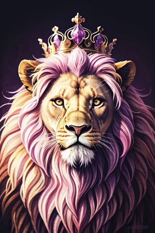 Lion, watercolor, pink, purple, feminine theme, white background, King crown, lion with a king's crown, realistic photo