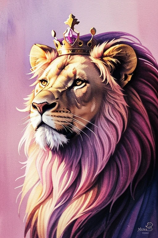 Lion, watercolor, pink, purple, feminine theme, white background, King crown, lion with a king's crown, realistic photo