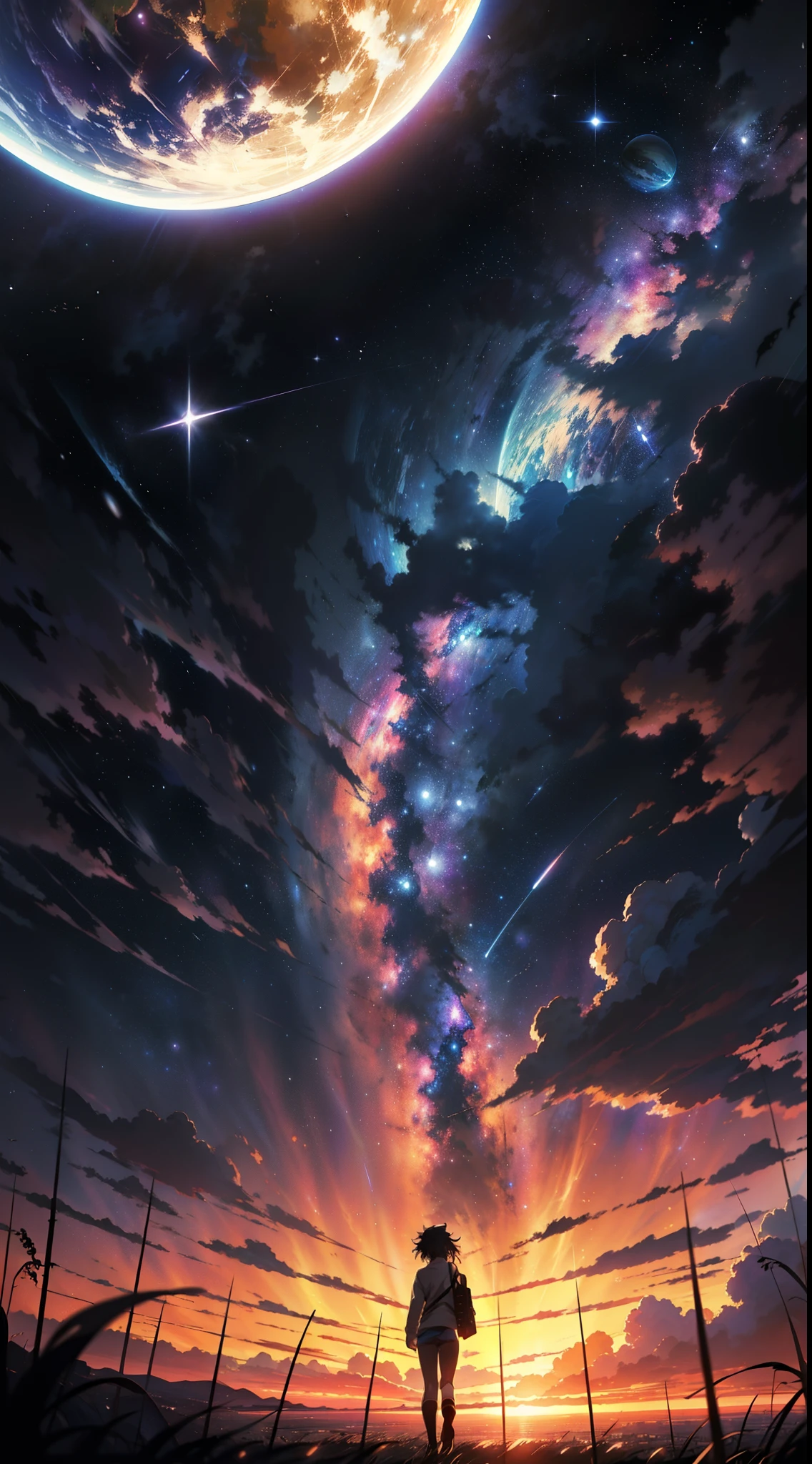 anime - style scene of a beautiful sky with a star and a planet, cosmic skies. by makoto shinkai, anime art wallpaper 4k, anime art wallpaper 4 k, anime art wallpaper 8 k, anime wallpaper 4k, anime wallpaper 4 k, 4k anime wallpaper, anime sky, amazing wallpaper, anime background, heaven planet in background, anime background art