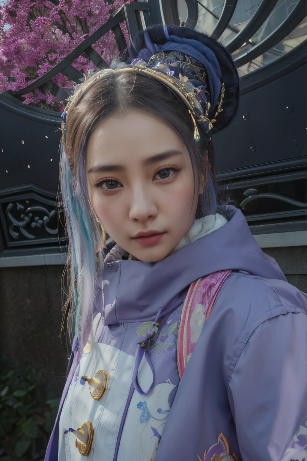 a close up of a person with a purple jacket and a purple hat, inspired by Sim Sa-jeong, with very highly detailed face, close up character, game cg, inspired by Huang Ji, inspired by Lan Ying, inspired by Luo Mu, dilraba dilmurat, yun ling, inspired by Qu Leilei, portrait c 1 2. 0