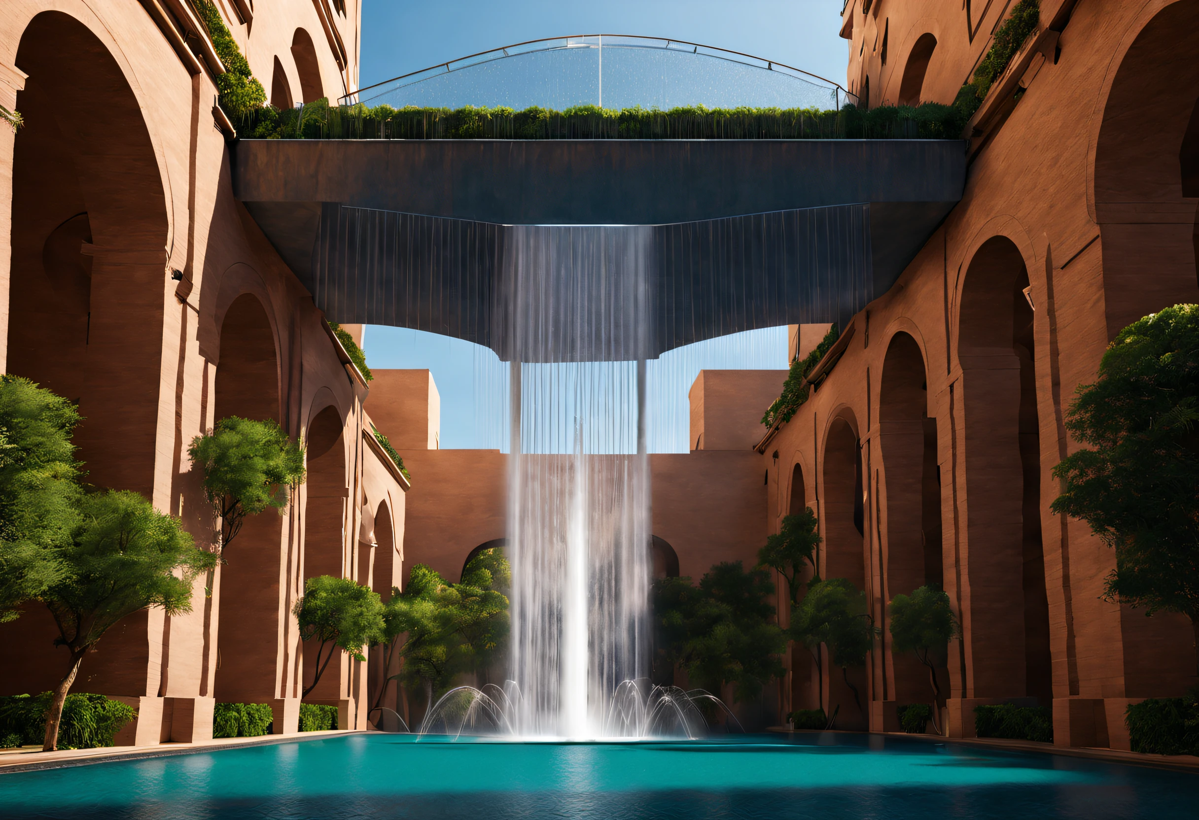 sci-fy, (giant hanging fountain), Lots of water, Complicated details,
Background with: Minimalist architecture with a sense of technology,The content is very detailed, Best quality, tmasterpiece, A high resolution, hyper realisitc, down view,  low angle view,  ray traycing,globalillumination,author：Ricardo Bofill,