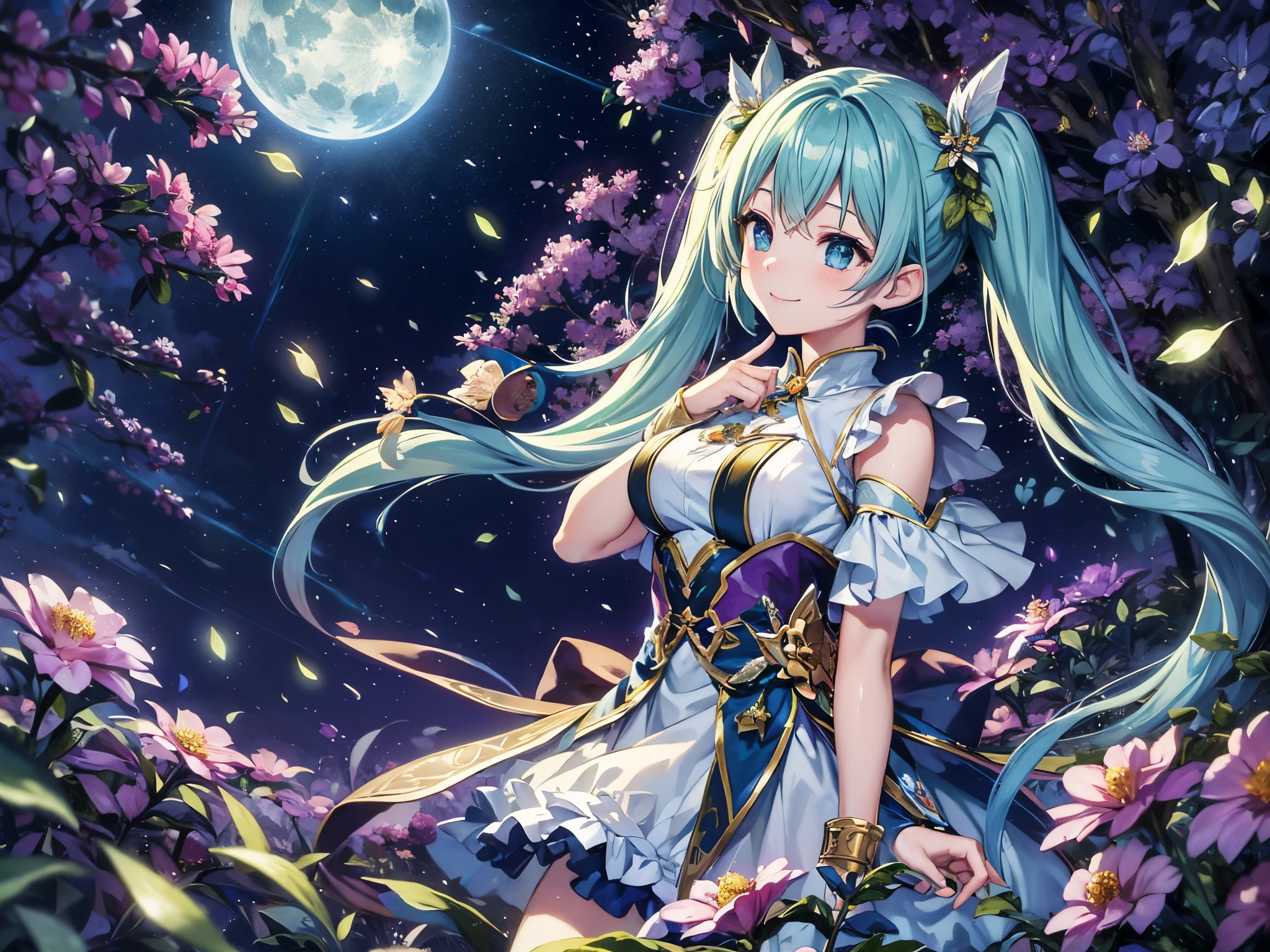 Dynamic Angle、 within a magical forest, a mystical fairy girl emerges, Light blue long hair、Hairstyle is Twintails、adorable smiling、Moonlight twinkle,  flower bloom、The tree々While flapping its wings in the sparkling fireflies, the air resonates with the ethereal symphony of nature's whispers, Creating a field where dreams and reality intersect，Fairy World、Fantasy World