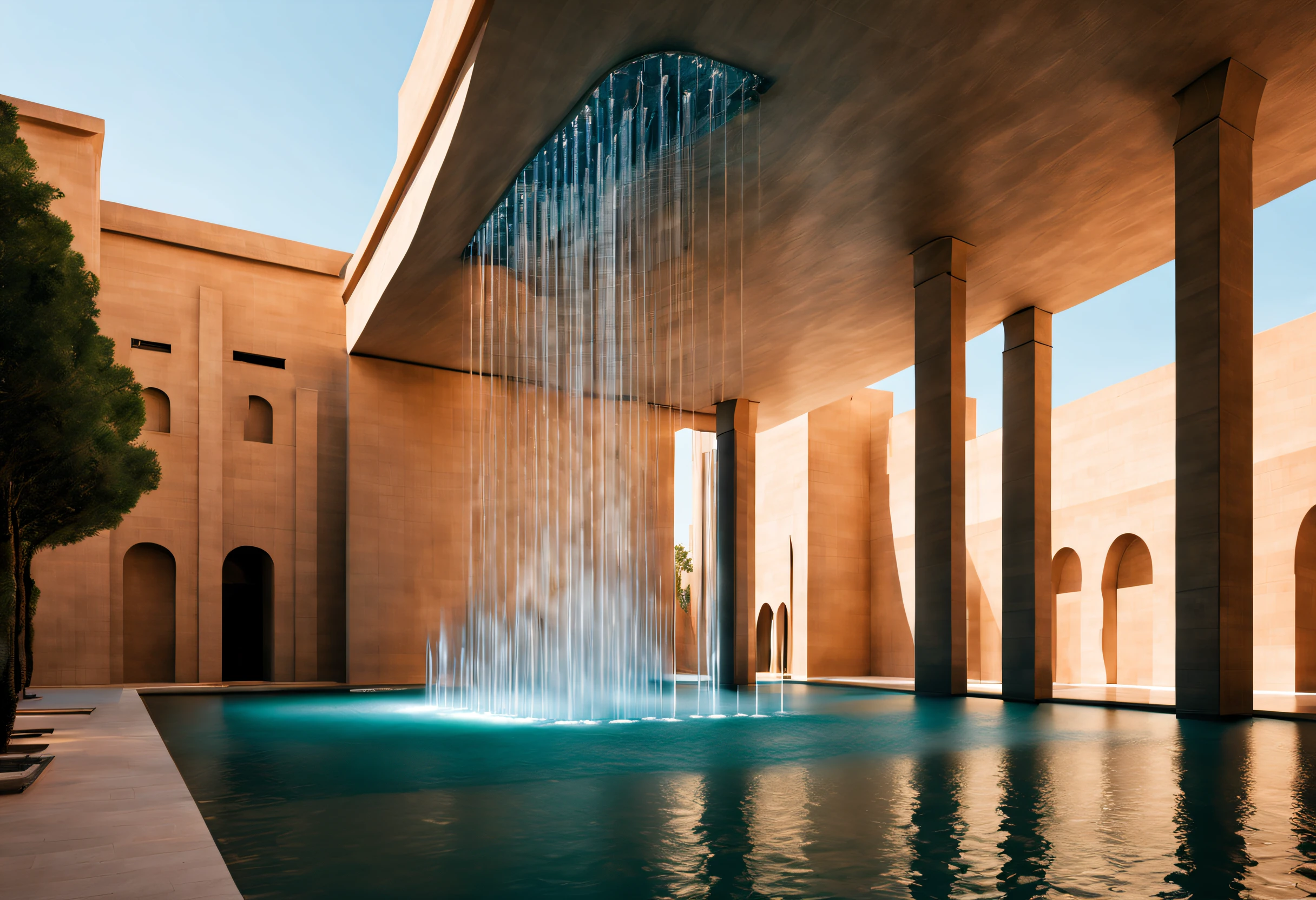 sci-fy, (giant hanging fountain), Lots of water, Complicated details,
Background with: Minimalist architecture with a sense of technology,The content is very detailed, Best quality, tmasterpiece, A high resolution, hyper realisitc, down view, low angle view, ray traycing,globalillumination,author:Ricardo Bofill,