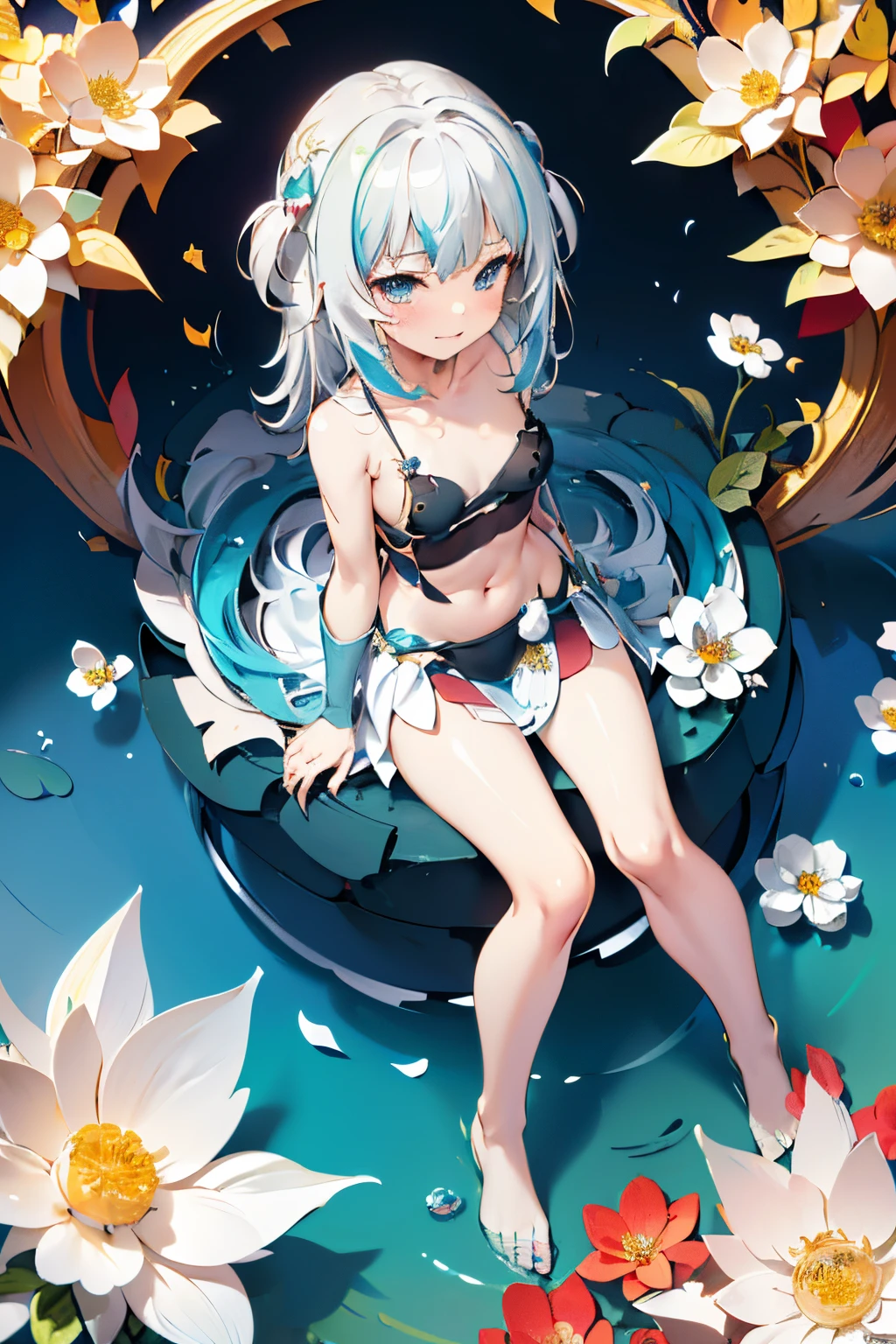 ((Gawr gura)), ((Masterpiece)), (highly saturated), from above, (High Definition:1.3), (Professional Photography:1.2), (cinematic lighting), (flat body), (flat chest), ahoge, messy hair, (blush, very naughty laugh face), sitting on the circle, (ultra detailed), 1girl, black bikini, exposed legs, full body, (surrounded flowers), (shining), (paper_cut)