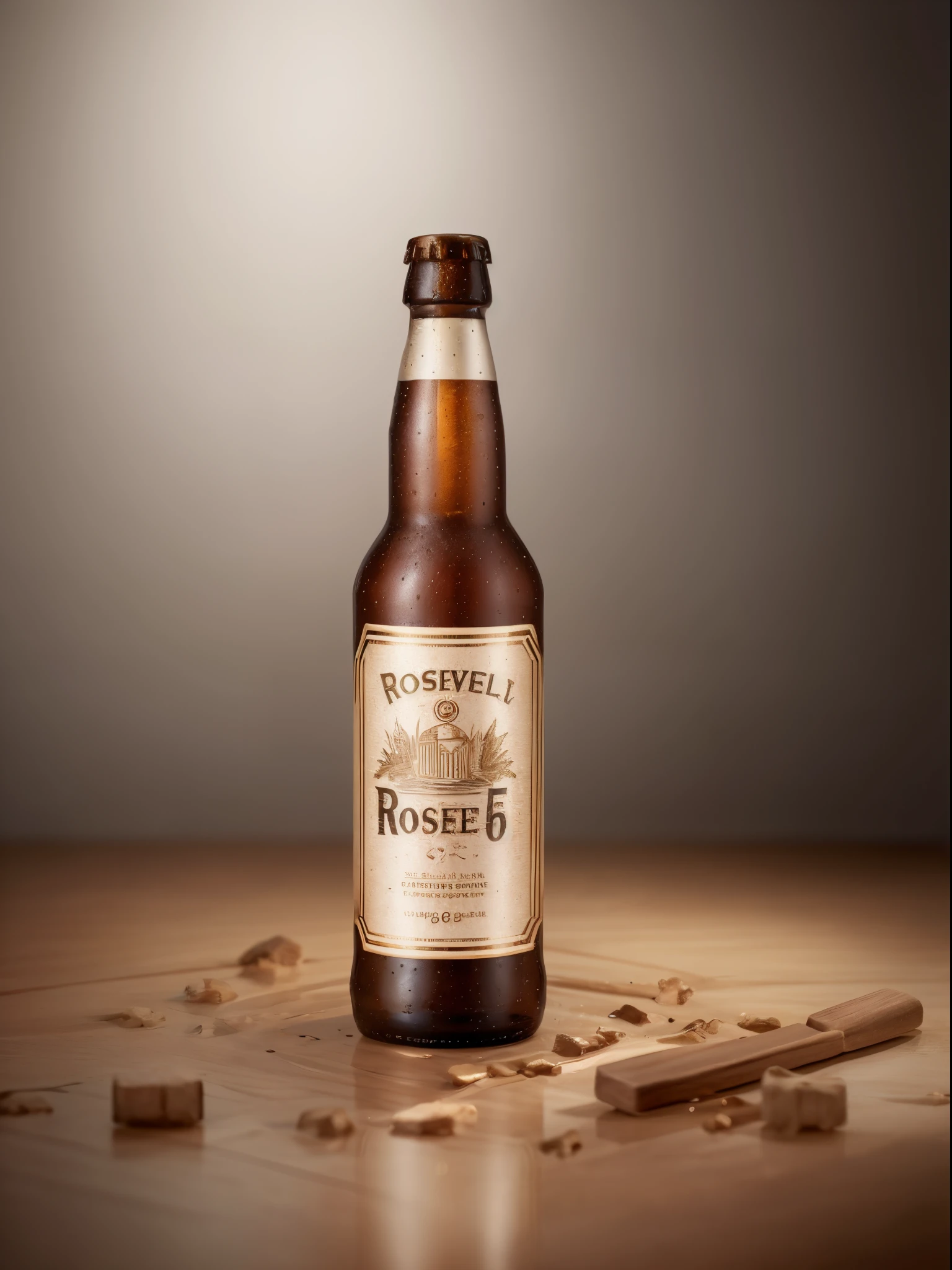 Create a marketing image for Roosevelt No. 6 beer, beer brand commercial photography, Hasselblad camera, Hasselblad H2, low key