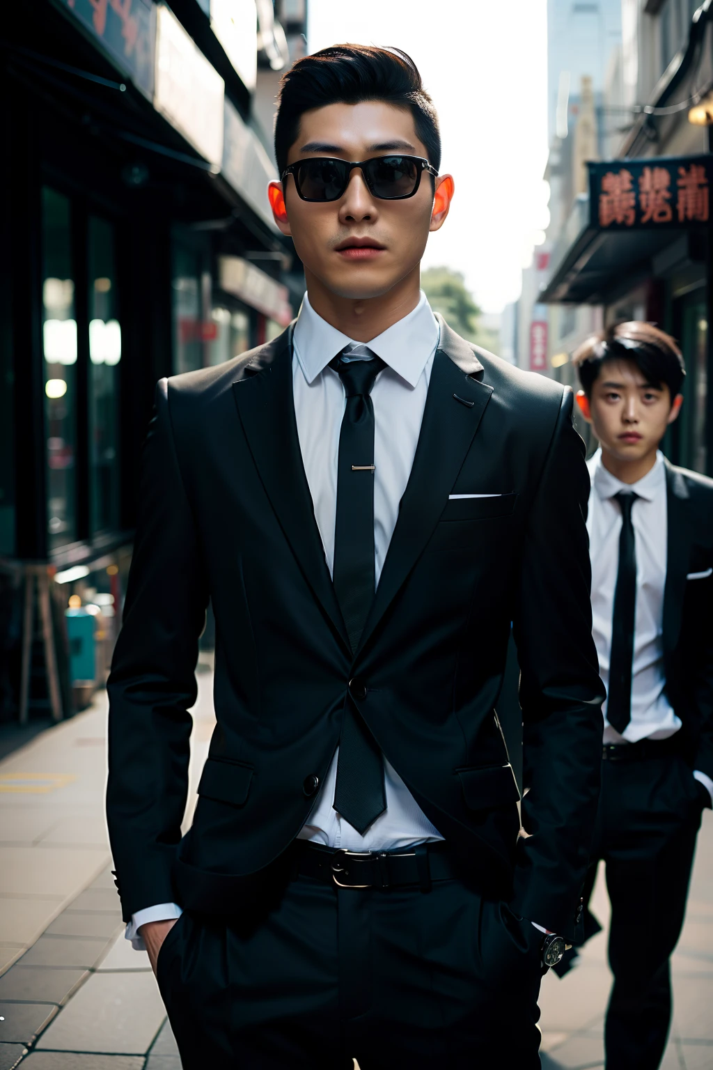 xh,necktie,formal,sunglasses,shirt,suit,multiple boys,pants,male focus,black necktie,jacket,blurry background,blurry,black pants,white shirt,hand in pocket,black jacket,black hair,belt,collared shirt,looking at viewer,realistic,short hair,standing,long sleeves,outdoors,closed mouth,open clothes,depth of field,cowboy shot,black suit,