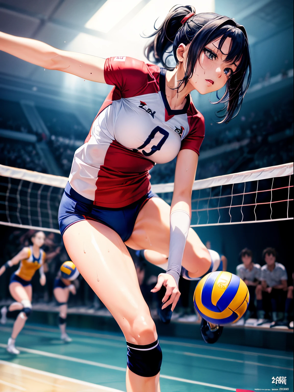 Best Quality, masutepiece,  High resolution, (Anime Heroine Illustration), Anime Paint, 1beautiful girl ,Dynamic Angle,Female volleyball players,small head,Large breasts,nice legs, Glowing skin, Sweat,At the volleyball venue ,Pretty