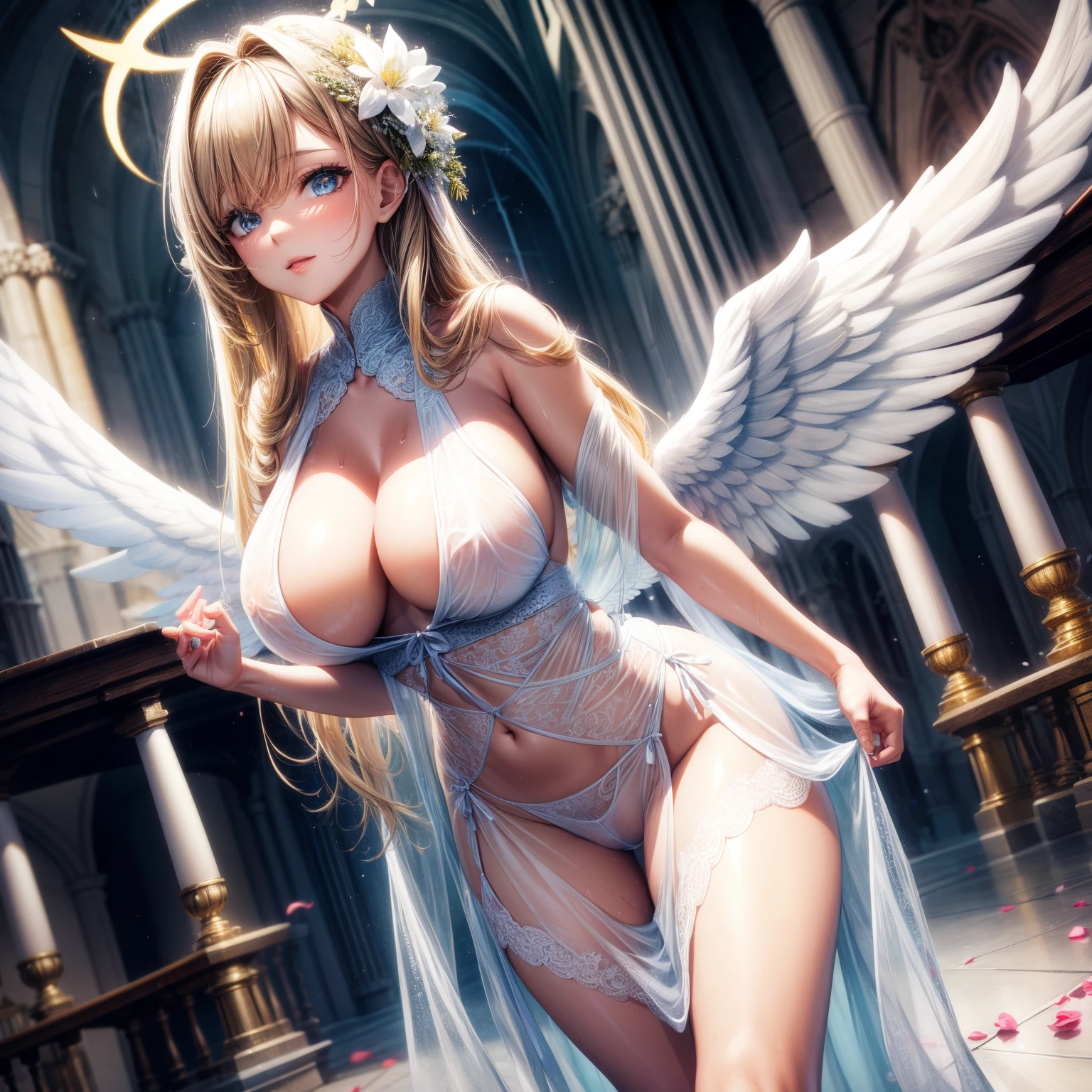 （8K ，hyper-detailing，ultra real photo，Best masterpiece，natural，Perfect artwork，Perfect female body），Cute busty girl ，Hair color，（large tities），Angelic，obsessed，the angel's wings，The halo，Beautiful church，beautiful rain of petals，Gorgeous accessories，golden brilliance，Wearing a see-through sexy gauze skirt，Sexy transparent dress，ssee-through，Built-in thong，The cracks are relatively large，stretch the meat，Raised sexy，Flirtatious，fully body photo