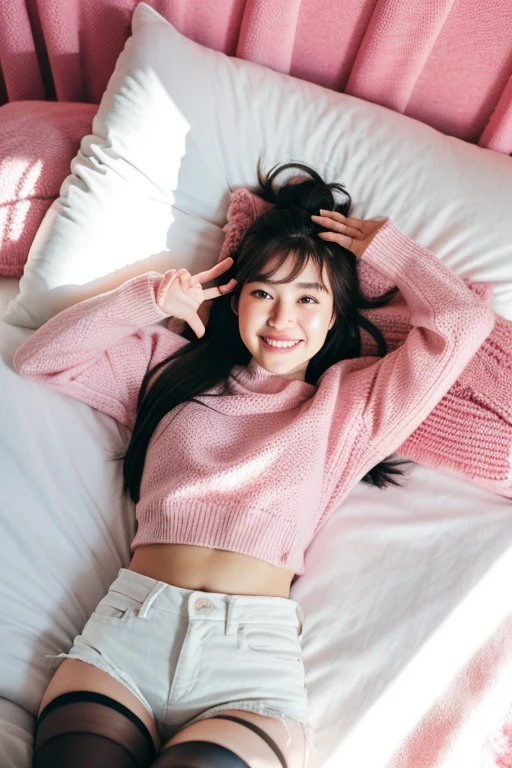 (best quality, ultra-high quality, high quality fingers, best smyle), one garl, white high neck knit, highest light, lying on the pink bed, tights, GIRLS denim shorts, shot from above, highest shadow, sharp, sharp image, incredible resolution, beautiful effect,