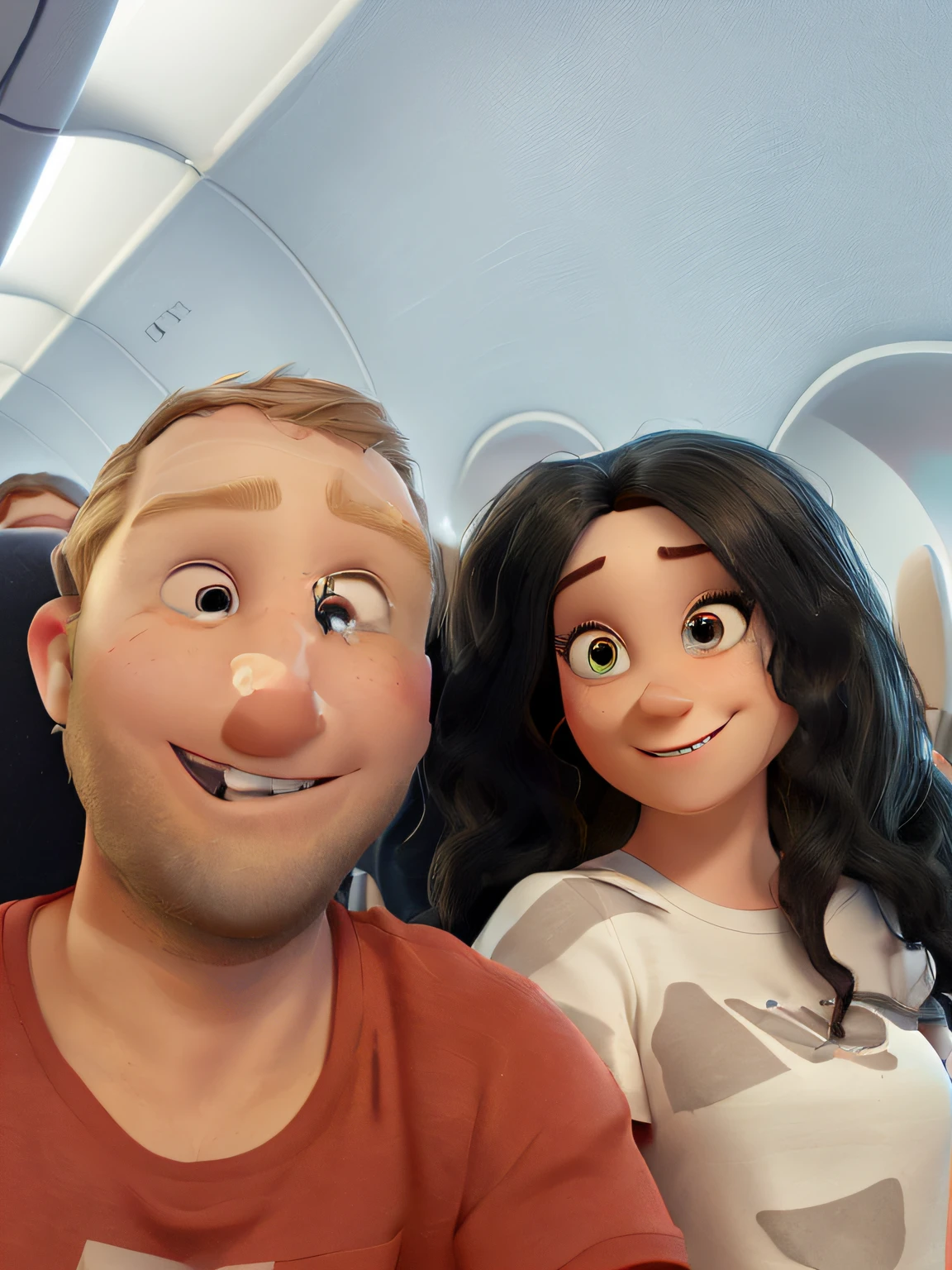 Disney pixar of a couple ... Left is the man with blue eyes and right is woman with black eyes. the man is half bald and blonde woman is long black hair little bit curl. the man is smiling showing his teeth and the woman is smiling not showing her teeth. Man is wearing red t-shirt and the woman wearing brown and white stripes t-shirt. Man is wearing air buds on his left ear. They are sitting on the airplane sit. 3D image