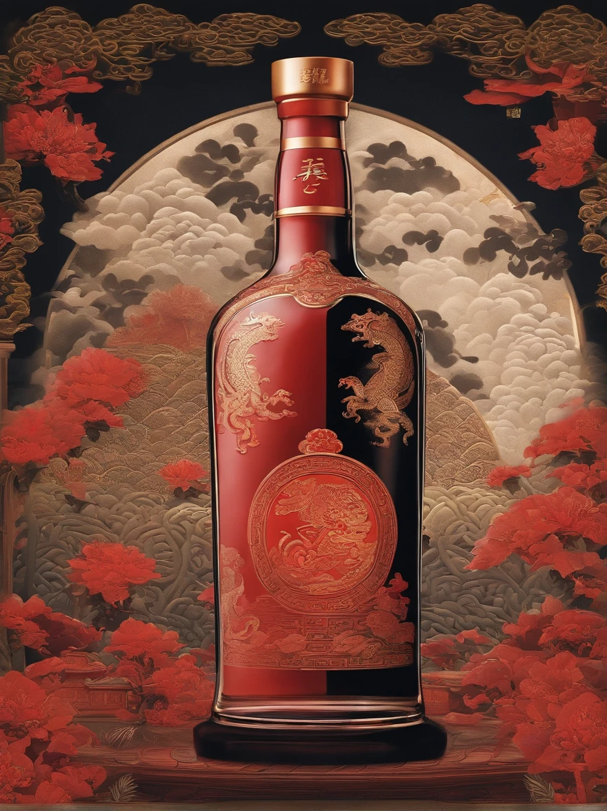 Noisy album cover,The main object is a bottle of baijiu with a theme of Chinese mythology and intricate patterns