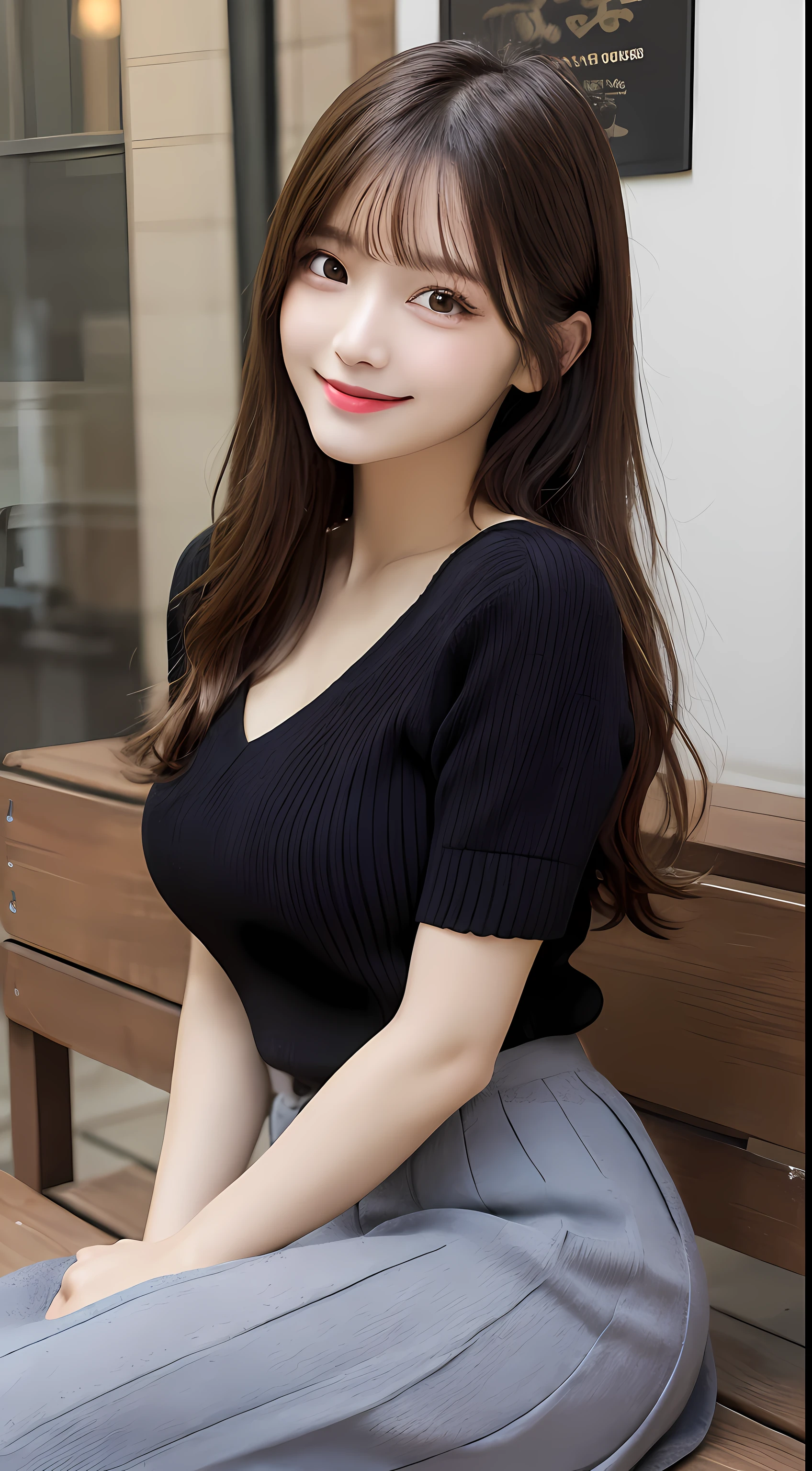 masutepiece, Best Quality, Illustration, Ultra-detailed, finely detail, hight resolution, 8K Wallpaper, Perfect dynamic composition, Beautiful detailed eyes, Oversized knit sweater and long skirt,Medium Hair,Small breasts natural color lip, Bold sexy poses,Smile,Harajuku、20 years girl、Cute、Sexy shot looking at camera