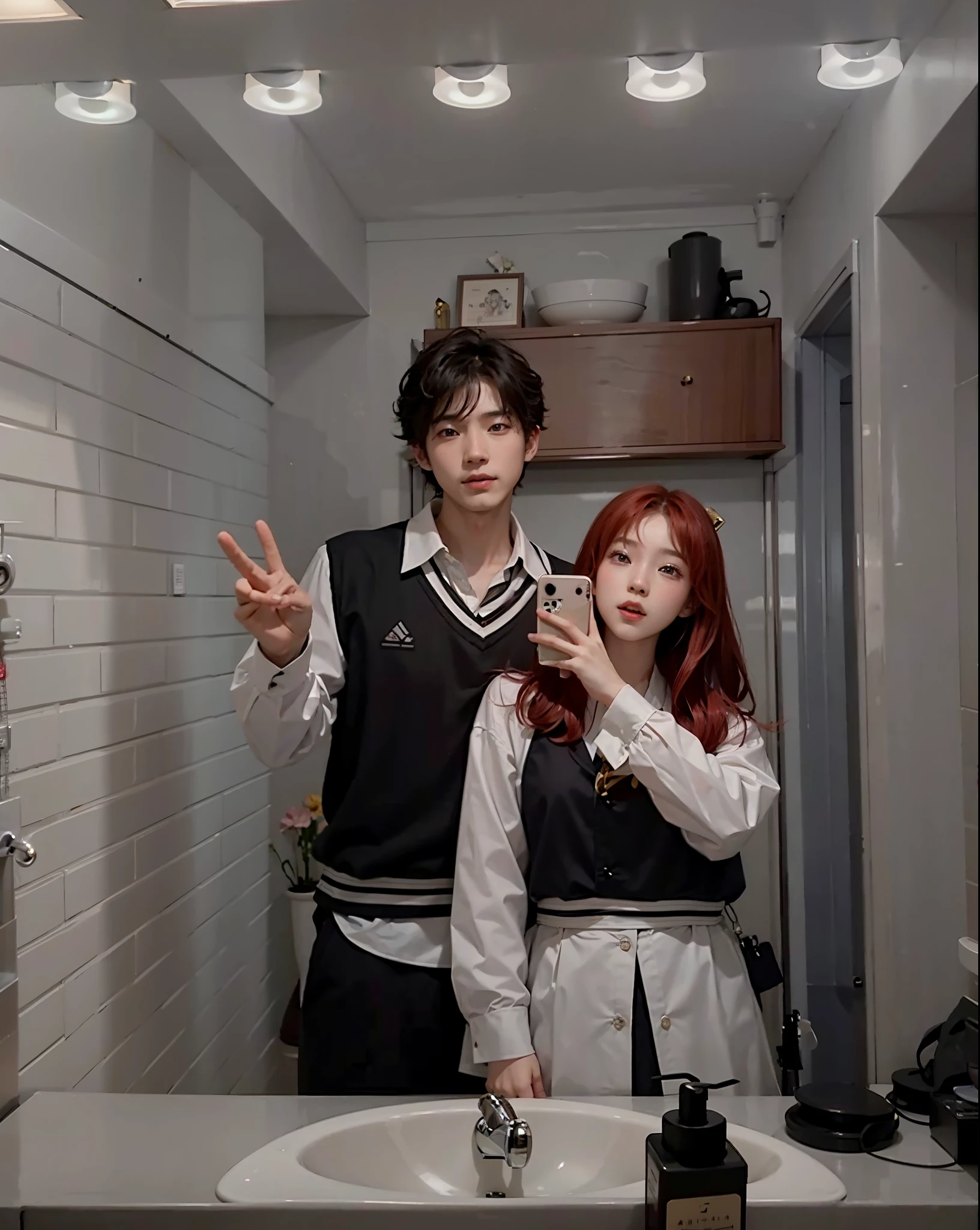 there is a man and red hair woman taking a selfie in a bathroom mirror, kda and sam yang, ruan jia and brom, cai xukun, ruan cute vtuber, lovely couple, & jeehyung lee & wlop, ruan jia and fenghua zhong, profile pic, jk uniform, they are siblings