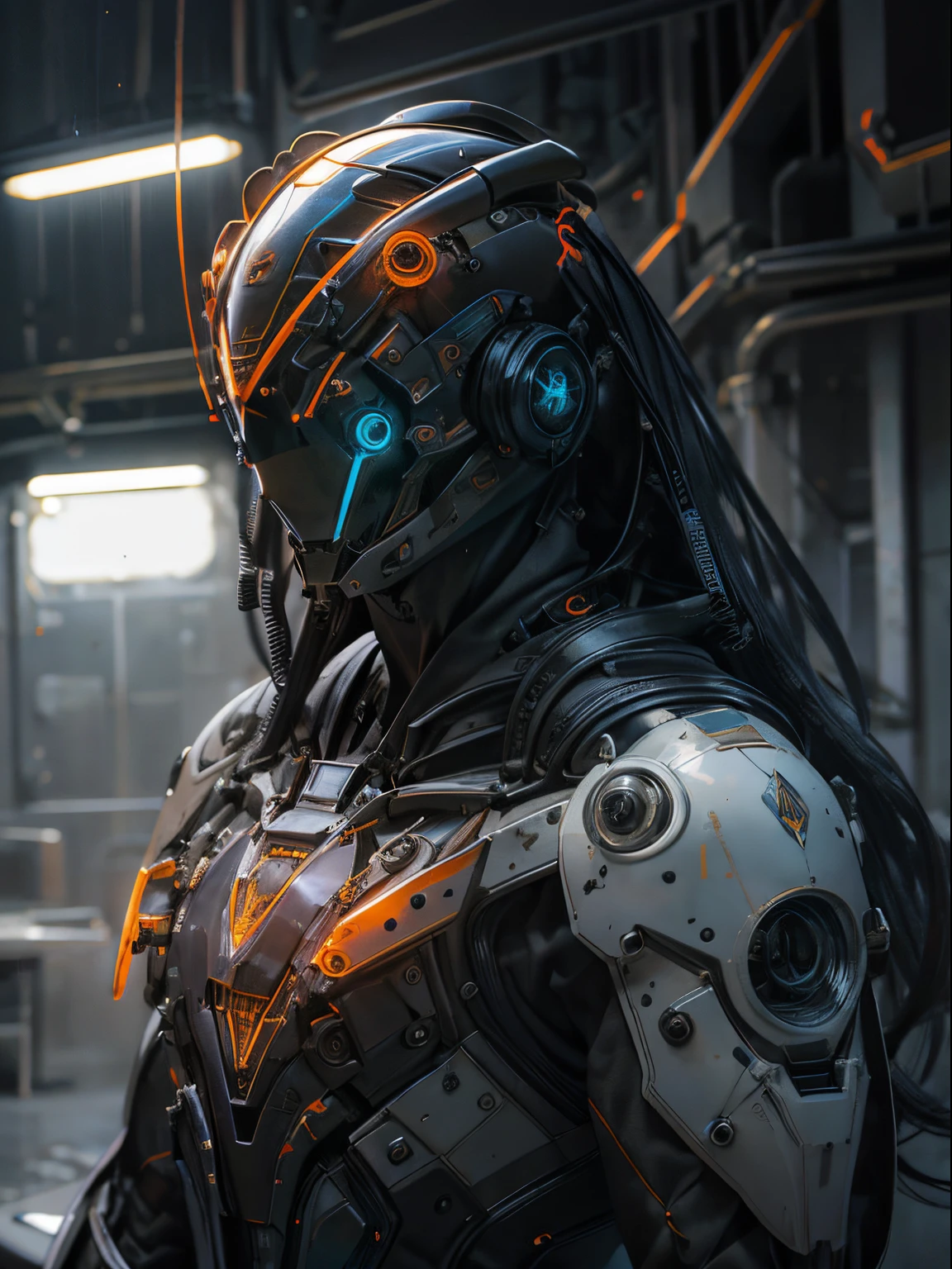 1 robot, organic, orange triangle glowing eyes, cyberhelmet, long hair, white plastic, diffuse lighting, fantasy, intricate, elegant, highly detailed, lifelike, photorealistic, smooth, sharp focus, art by John Collier and Albert Aublet and Krenz Cushart and Artem Demura, wires, tubes, dark room, dim light
