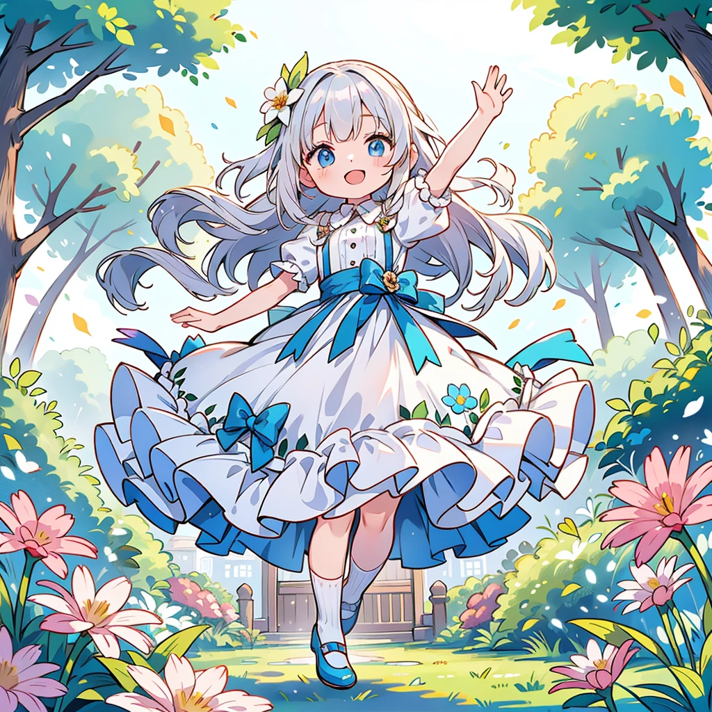 Silvery hair,Poster making, Children's Day, In the garden, Little girl with flowers, Flowers floating in the air, Happy, Jumping, Happy --v 6