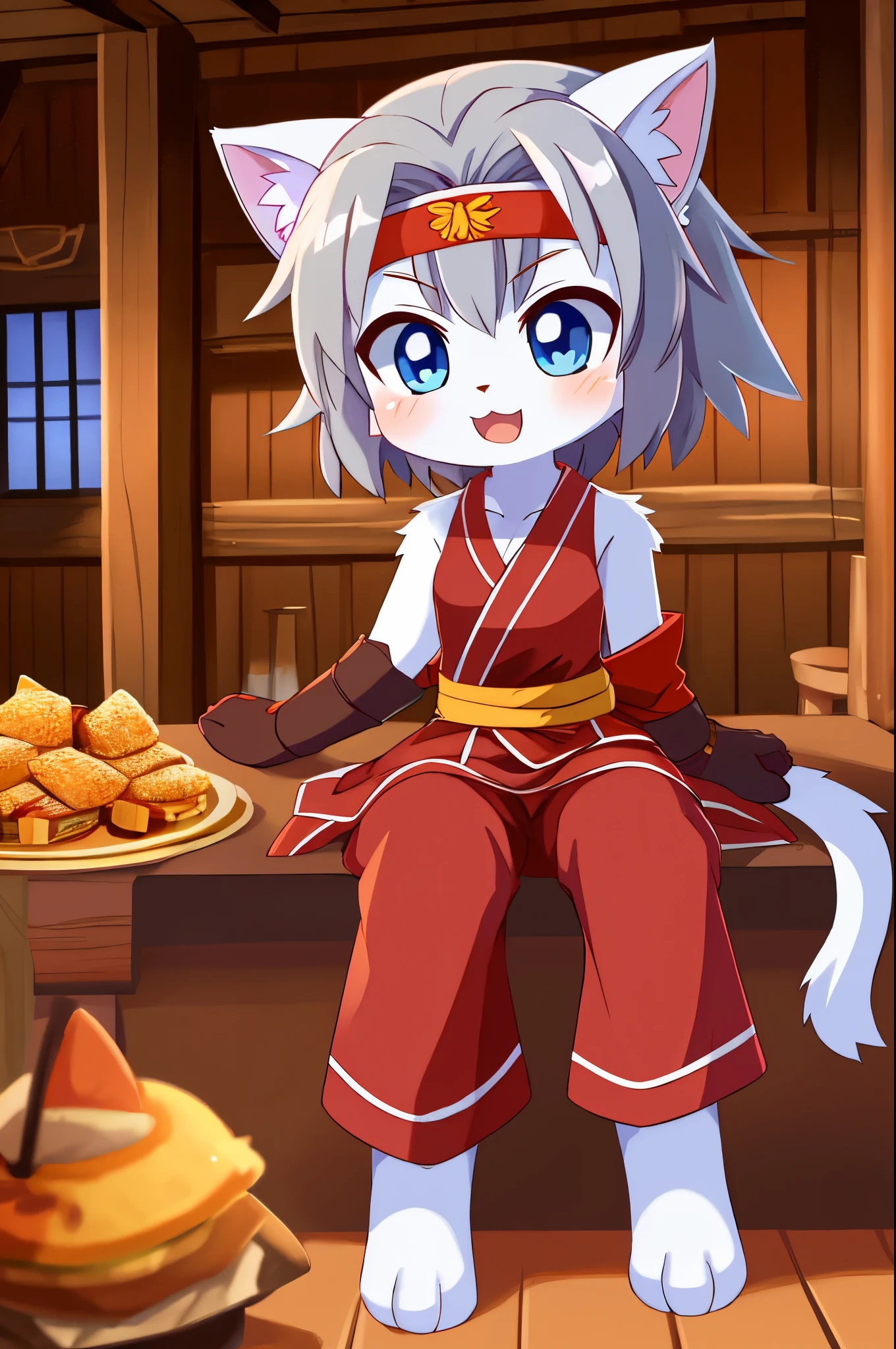 Furry girl, cat, young, gray hair, spiky hairstyle, spiky bangs, blue eyes, small breasts, white body fur, detailed body, detailed face, detailed eyes, glistering body, shiny body, gorgeous body, feets whit three toes, masterpiece, high quality, anime style, red headband, red kimono, sleeveless, kunoichi clothes, full body, :3, open mouth, tavern, food on table, sitting on chair, kunoichi socks, kunoichi gloves,