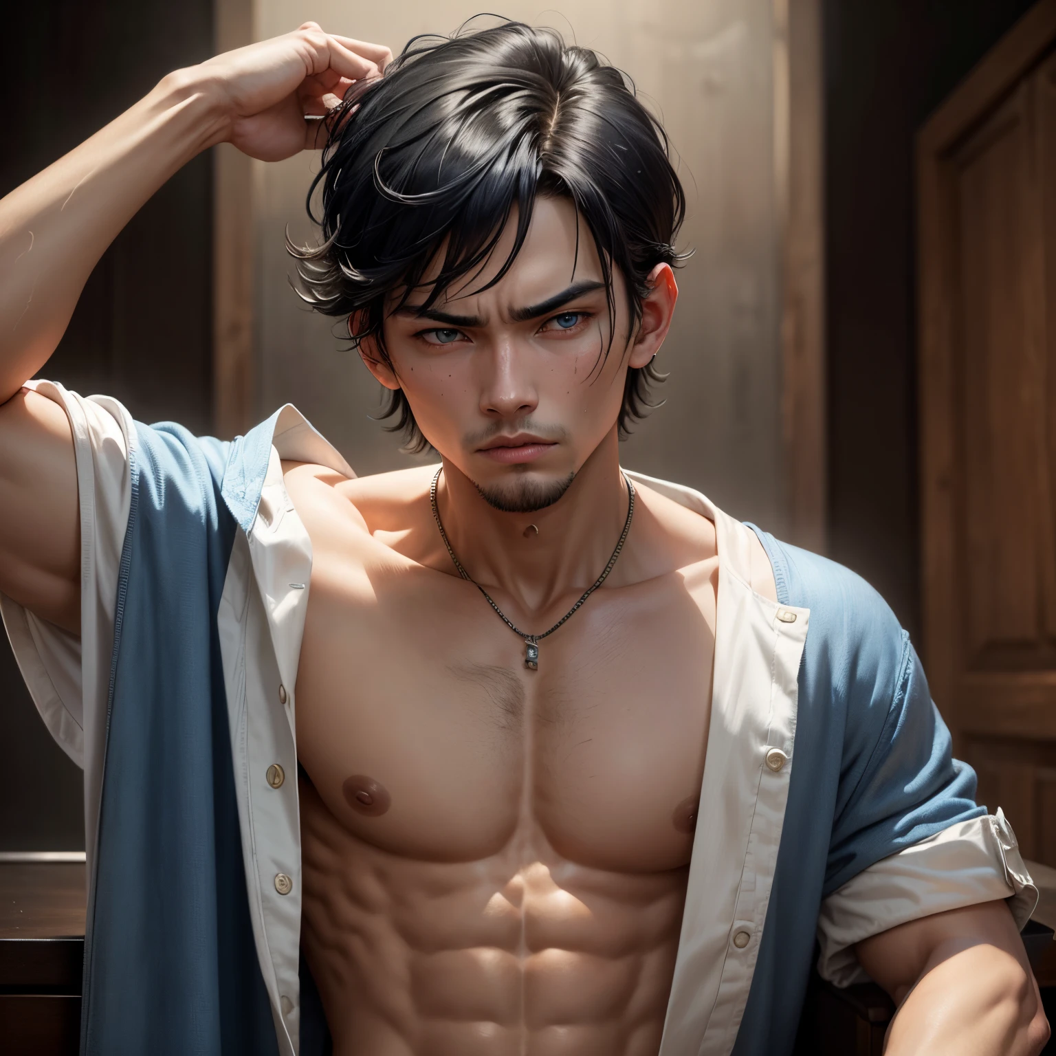 8k, masterpiece, best quality, realistic, higly detailed, cowboy shot, 1boy, solo, Fuutarou, young man, fair skin, black hair, bowl cut, two strands sticking up from the back of his head, bangs that cover his forehead, blue eyes, slim physique, tall build, tends to slouch, serious expression, scary and thuggish vibe, bad guy, Master