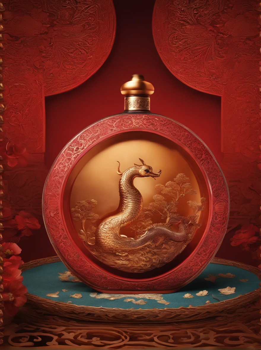 Noisy album cover, The main object is a bottle of baijiu with a theme of Chinese mythology and intricate patterns, luxury liquid commercial photography