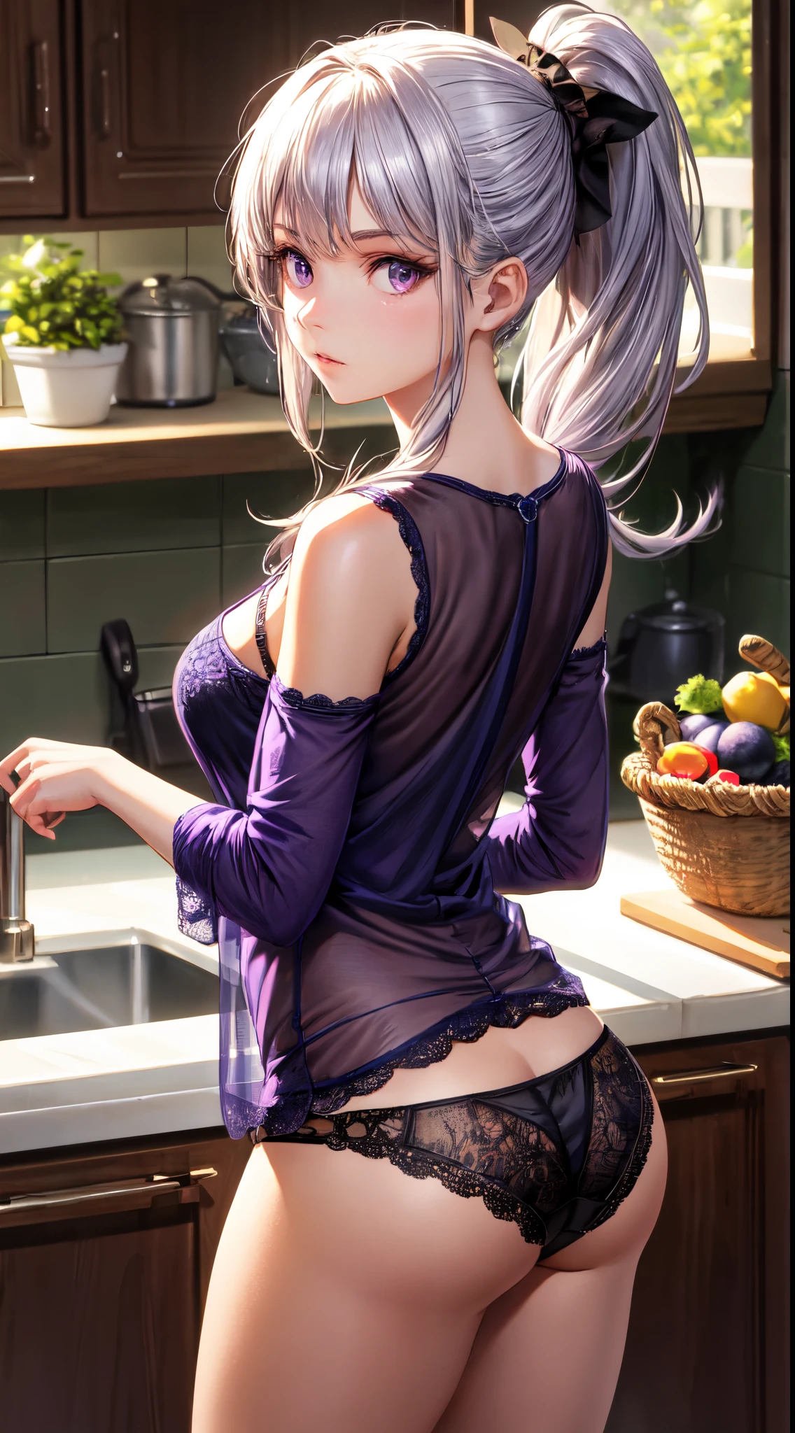 from behind,highres,(best quality),incredibly detailed,natural lighting,kitchen,1girl,sexy pose,(highly detailed face),looking over shoulder,purple eyes,sidelocks,silver hair,long ponytail,standing,long shirt,see-through,medium breasts,perky breasts,covered,,(black and purple lace panties)