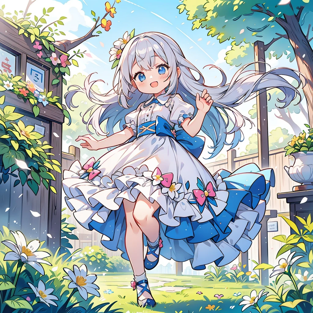 Silvery hair,Poster making, Children's Day, In the garden, Little girl with flowers, Flowers floating in the air, Happy, Jumping, Happy --v 6