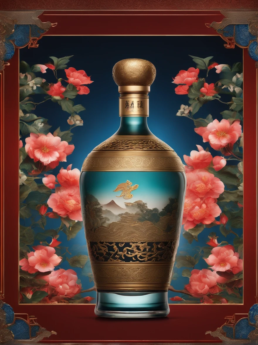 Noisy album cover, The main object is a bottle of baijiu with a theme of Chinese mythology and intricate patterns, luxury liquid commercial photography