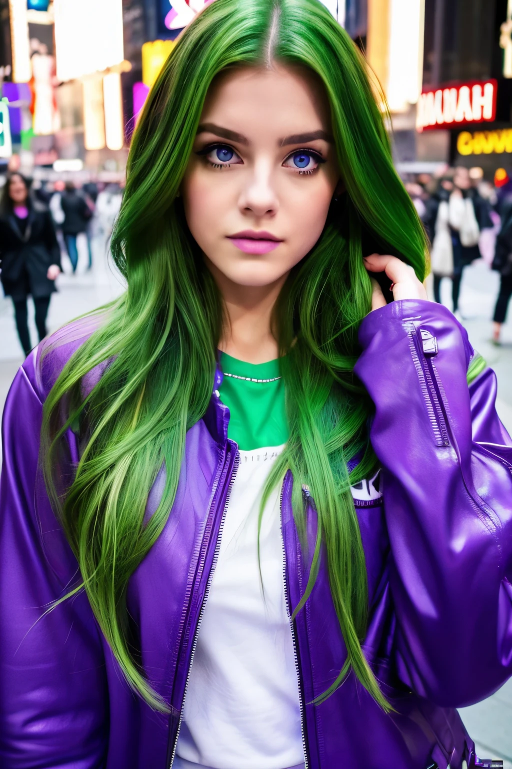 Real Women、Face Barbara Palvin、green colored hair、Longhaire、Purple eyes、Purple jacket、Location: Times Square, New York、