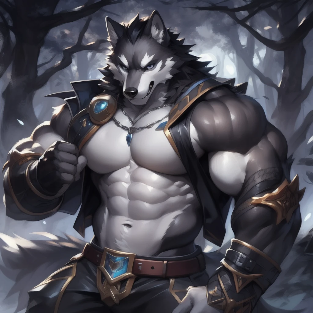 狼 male, The body is covered with fluffy fur, , muscular, Absolute value of volume, sky, , detailed, Uploaded to E621, beautiful and detailed portrait of an anthropomorphic grey 龙狼 (((male))) minus, Ross Tran, ruan jia, Uploaded to E621, Zavush, Foxford, light, moonlight, glowing eyes, gray fur, long white mane，scattered strips of cloth，milk dripping from mouth，Spill liquid，oestrus，Correct proportioning，warrior，rest，nude，Cloth belt，Leaning against a tree，Intoxicated expression，muster