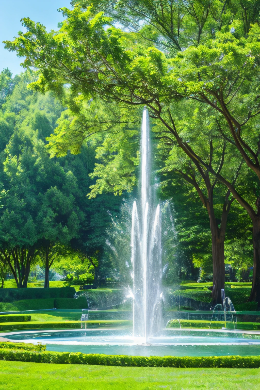 a fountain，dynamic details，spectacular，green trees，fresh flowers，4K Ultra HD, 超高分辨率