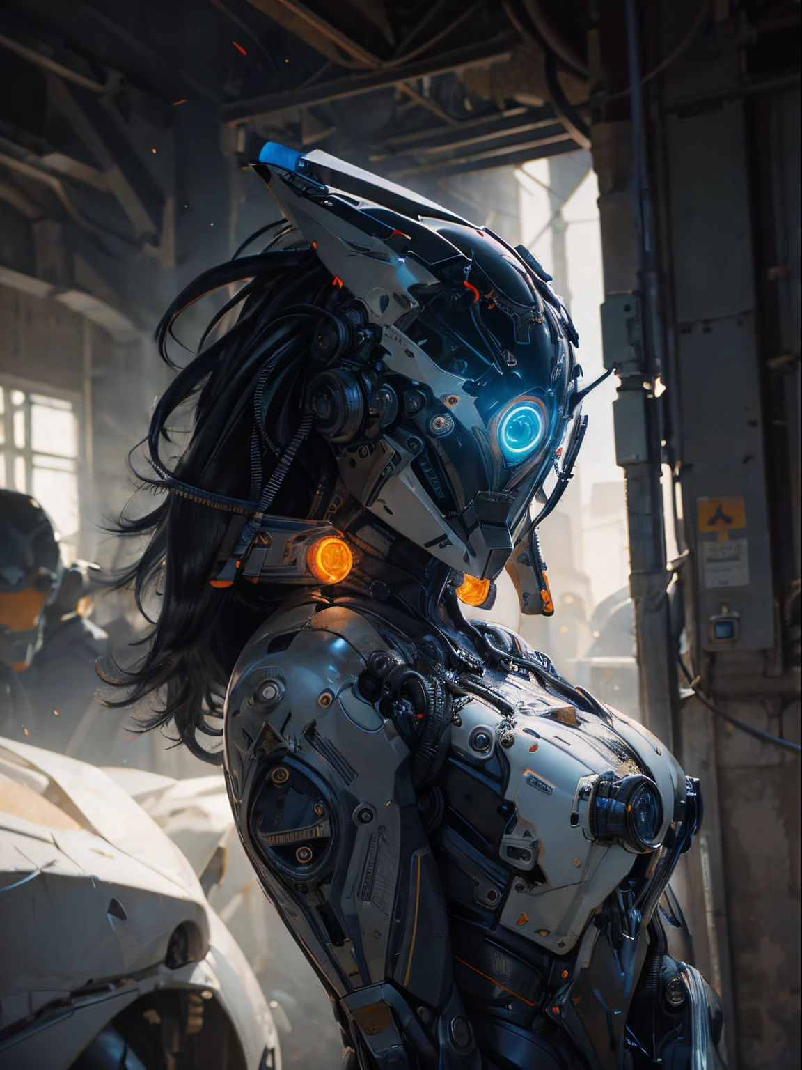 1 robot, organic, orange triangle glowing eyes, cyberhelmet, long hair, white plastic, diffuse lighting, fantasy, intricate, elegant, highly detailed, lifelike, photorealistic, smooth, sharp focus, art by John Collier and Albert Aublet and Krenz Cushart and Artem Demura, wires, tubes, dark room, dim light