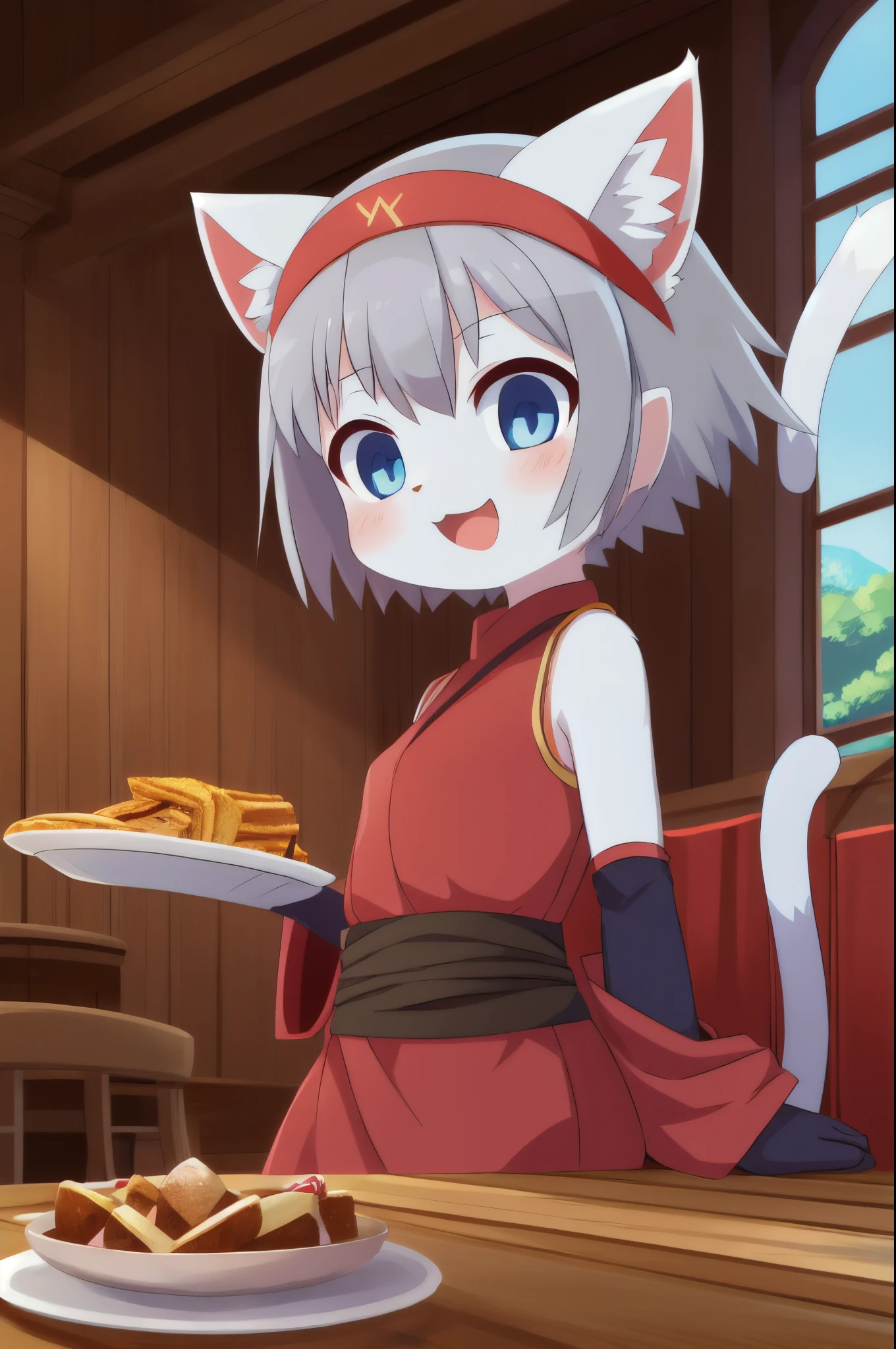 Furry girl, cat, young, gray hair, spiky hairstyle, spiky bangs, blue eyes, small breasts, white body fur, detailed body, detailed face, detailed eyes, glistering body, shiny body, gorgeous body, masterpiece, high quality, anime style, red headband, red kimono, sleeveless, kunoichi clothes, :3, open mouth, tavern, food on table, sitting on chair, kunoichi gloves, frontal view,